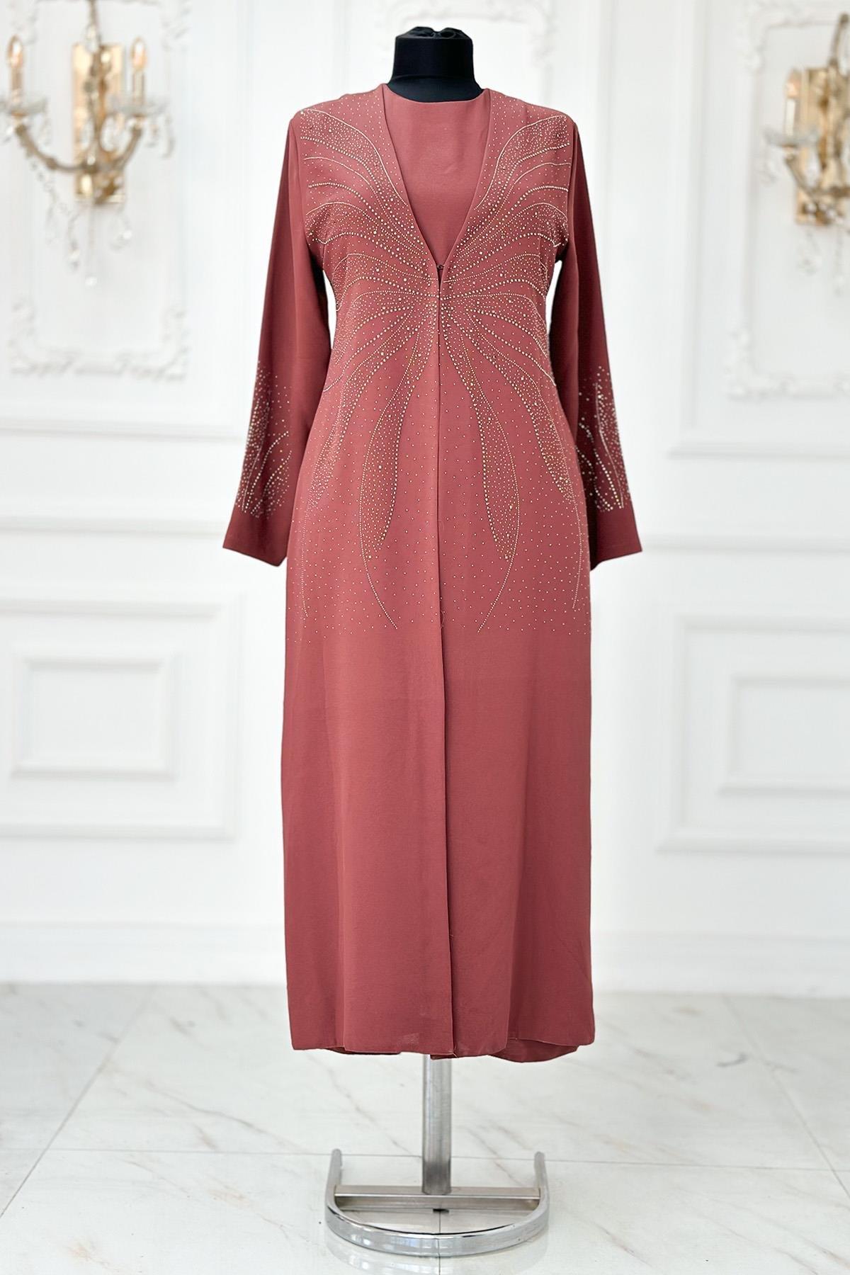Stone Print Detailed Evening Dress Rose Pale AMH1010