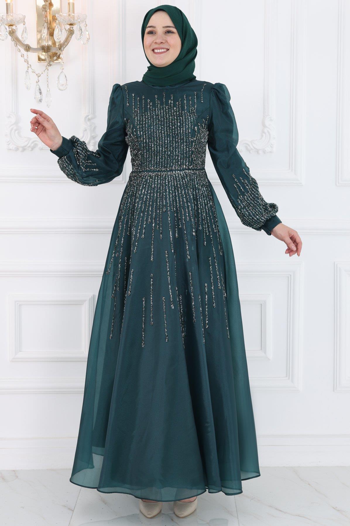 Stone Print Detailed Tulle Evening Dress Emerald AMH992
