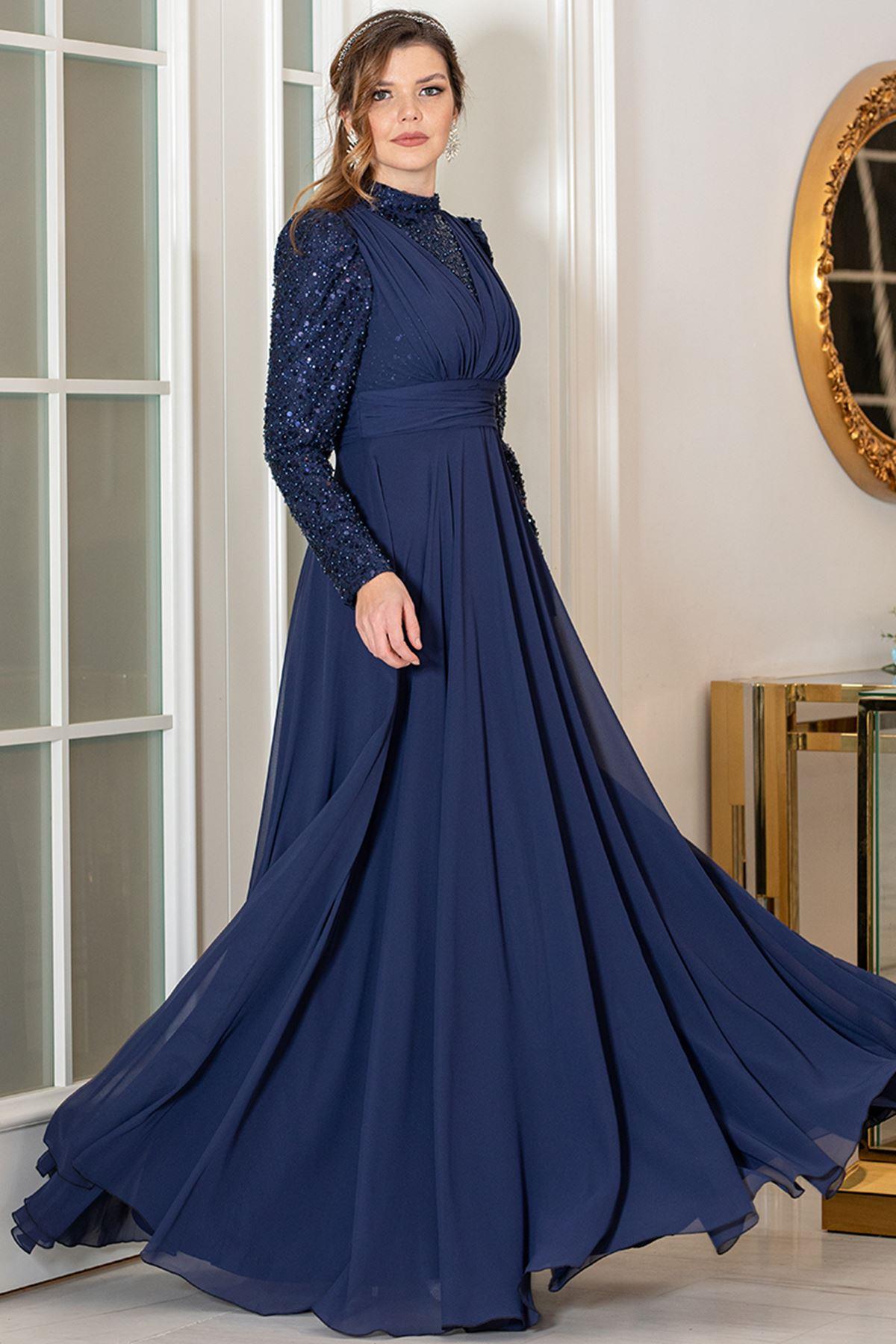Robe De Soirée En Mousseline Bleu Marin AHN248