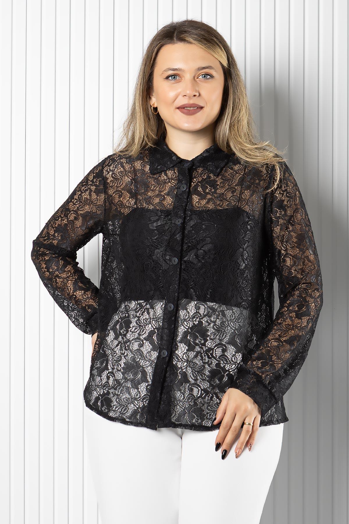 Dantel Transparan Gömlek Siyah MDV988
