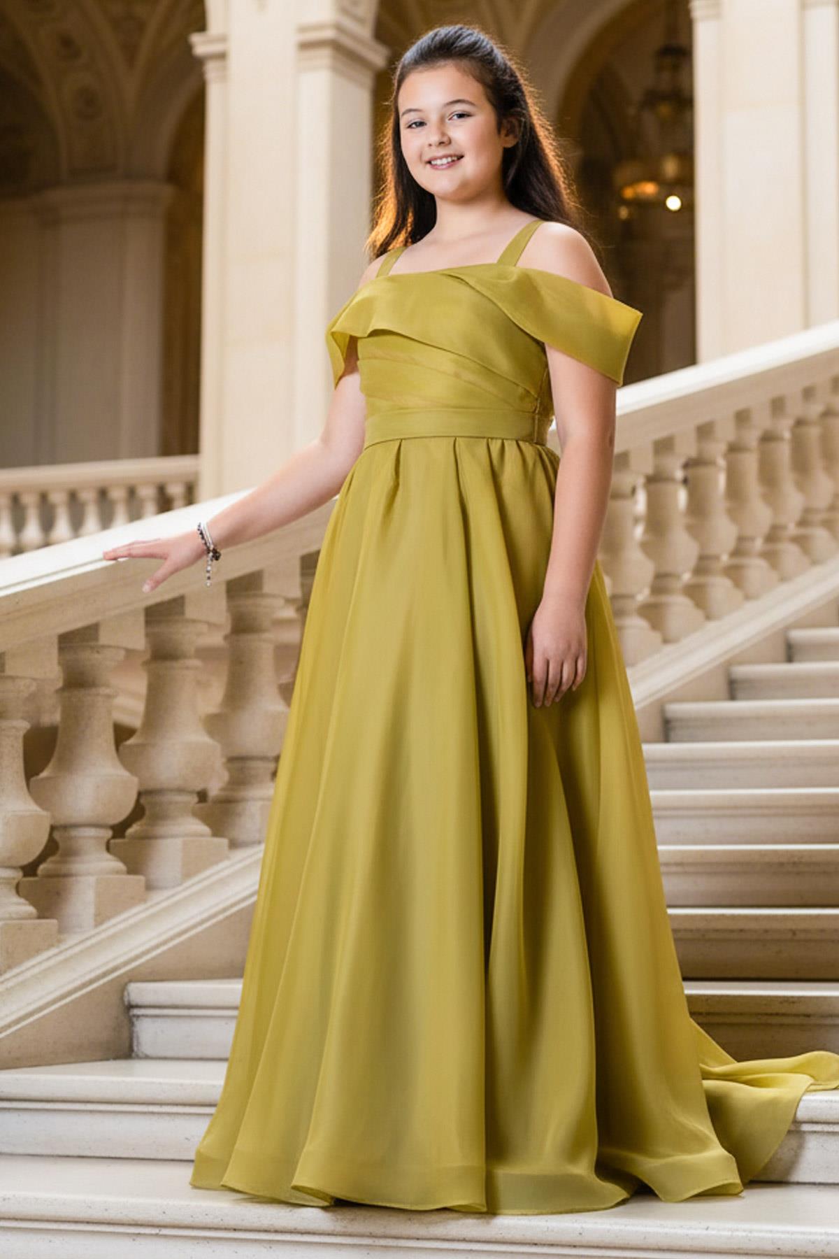 Trägerloses Abendkleid mit Elastischer Taille Senf MDV362