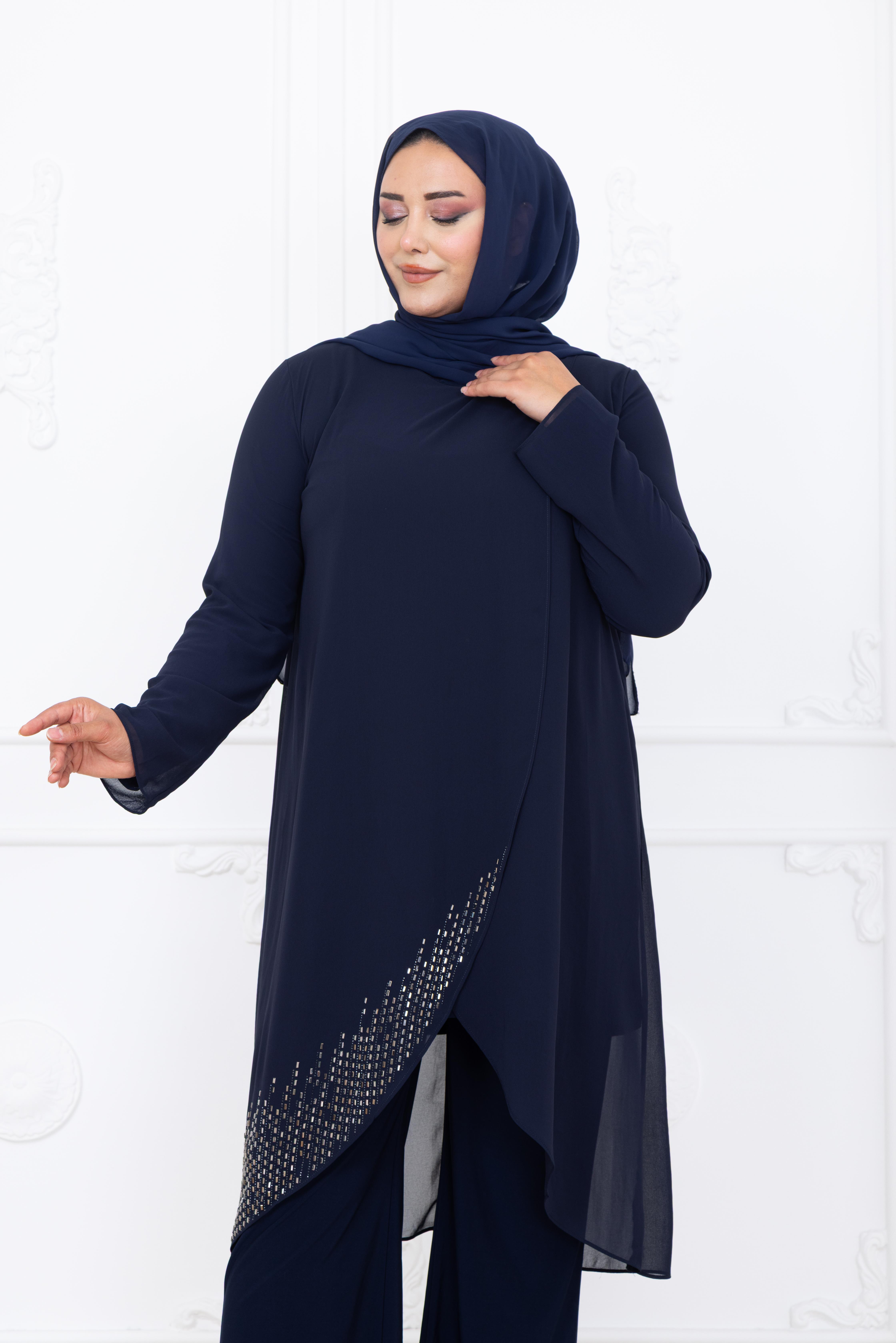 Esin Şifon Taşlı Tesettür Takım Lacivert AMH1082