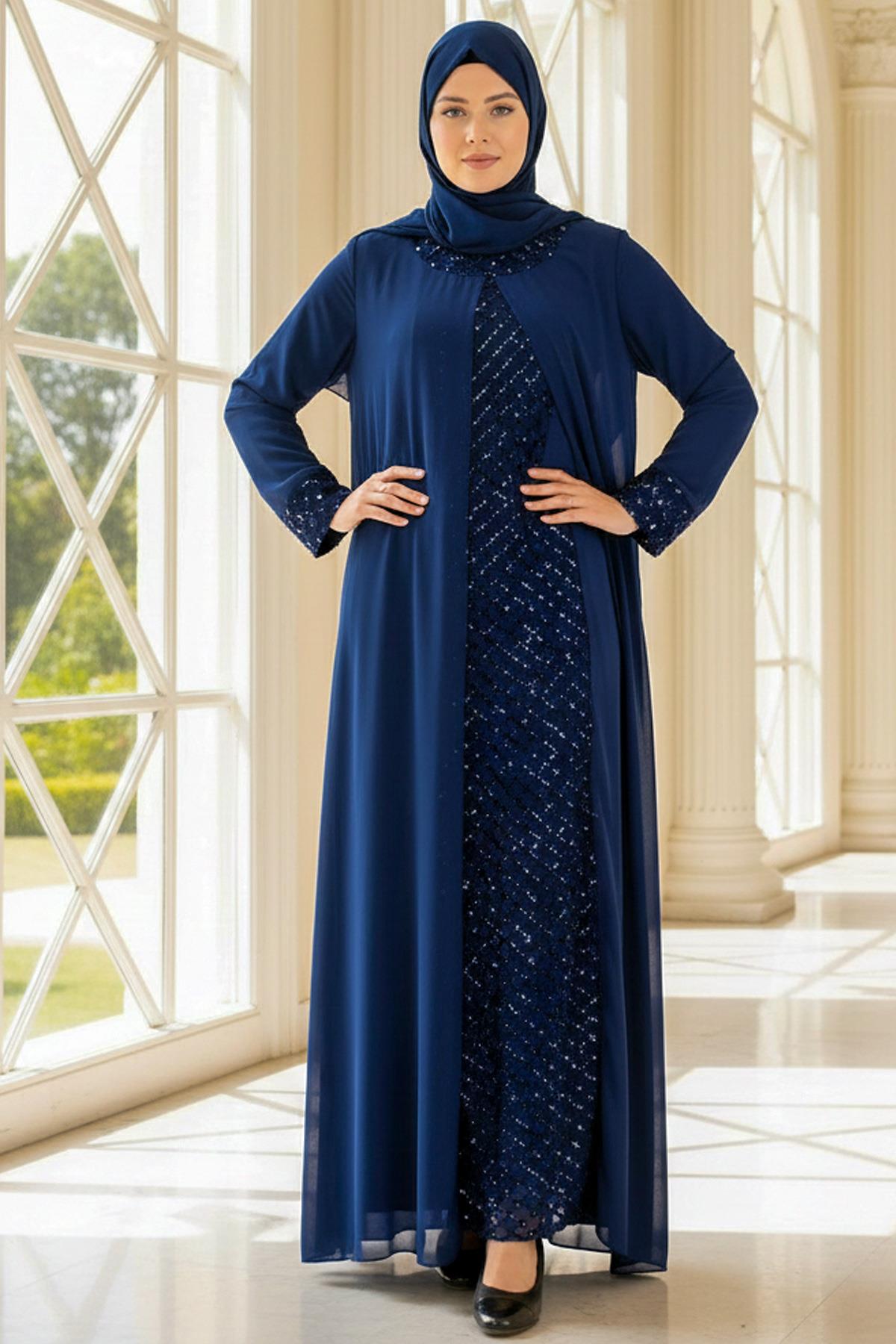 Sequin Embroidered Detailed Evening Dress Navy FHM854