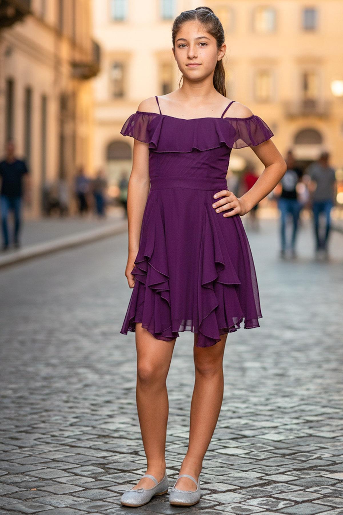 Robe de Soirée en Mousseline de Soie pour Enfants Avec Bretelles Pourpre MDV356