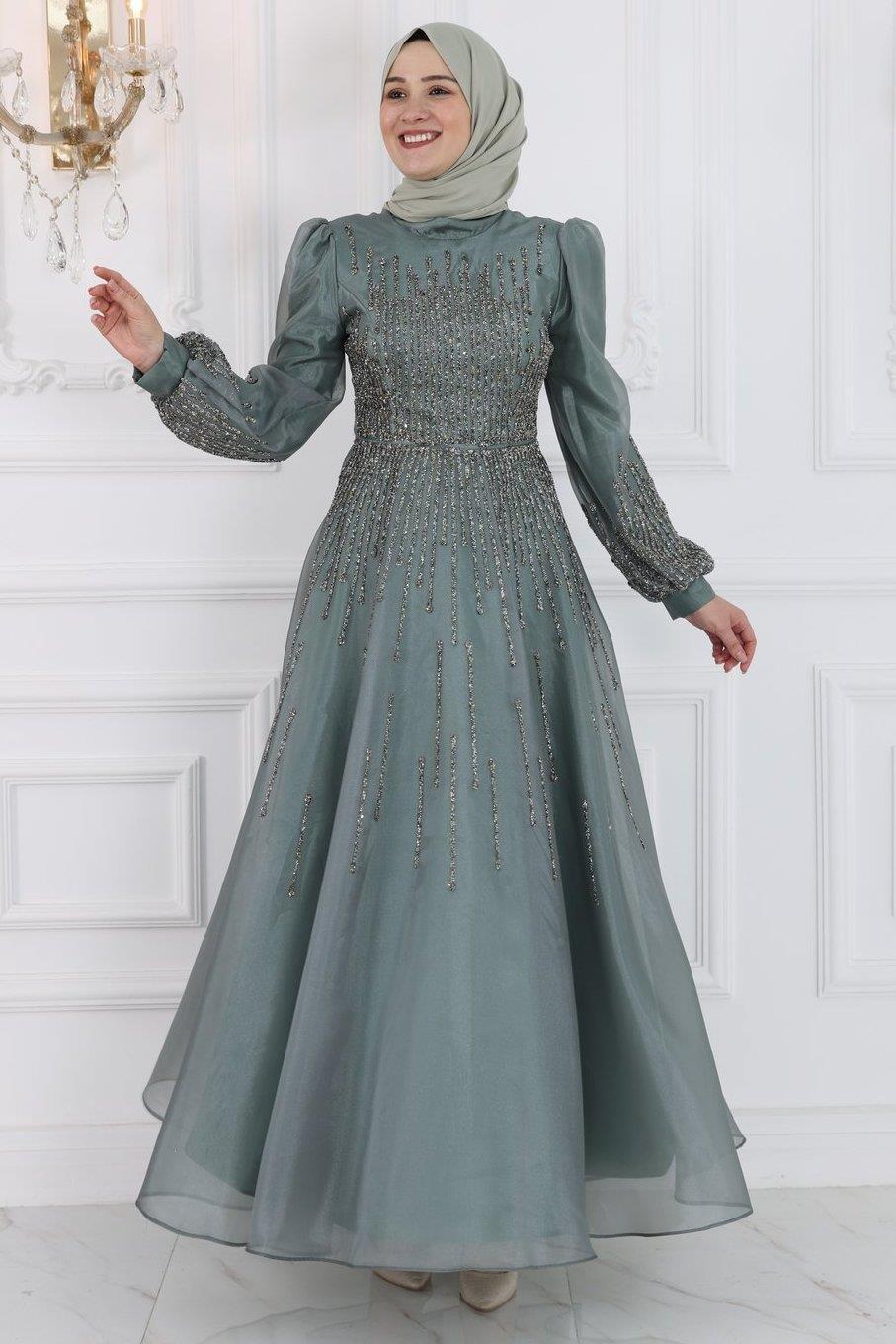 Stone Print Detailed Tulle Evening Dress Green Almond AMH992