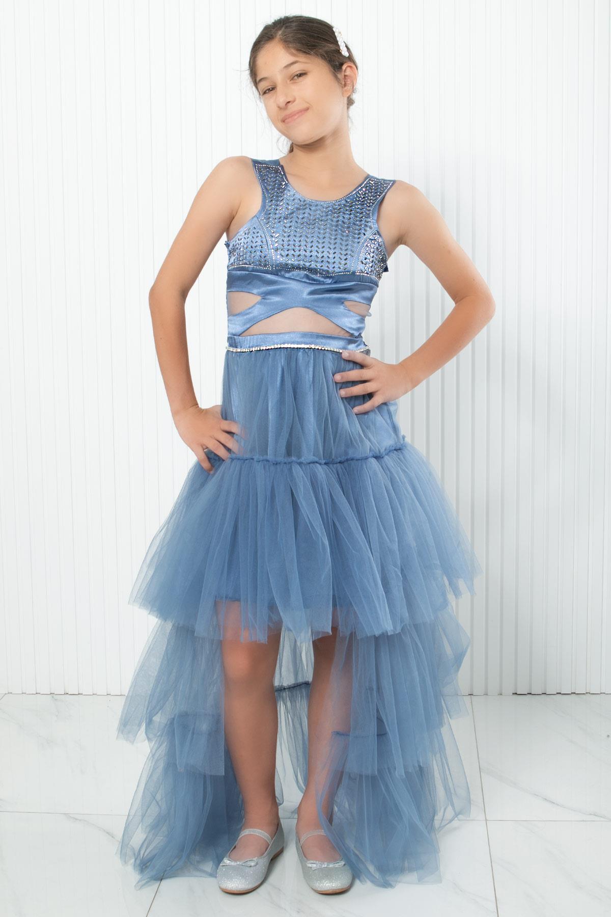 Tulle Evening Dress with Stone Print Detail Indigo MDV340