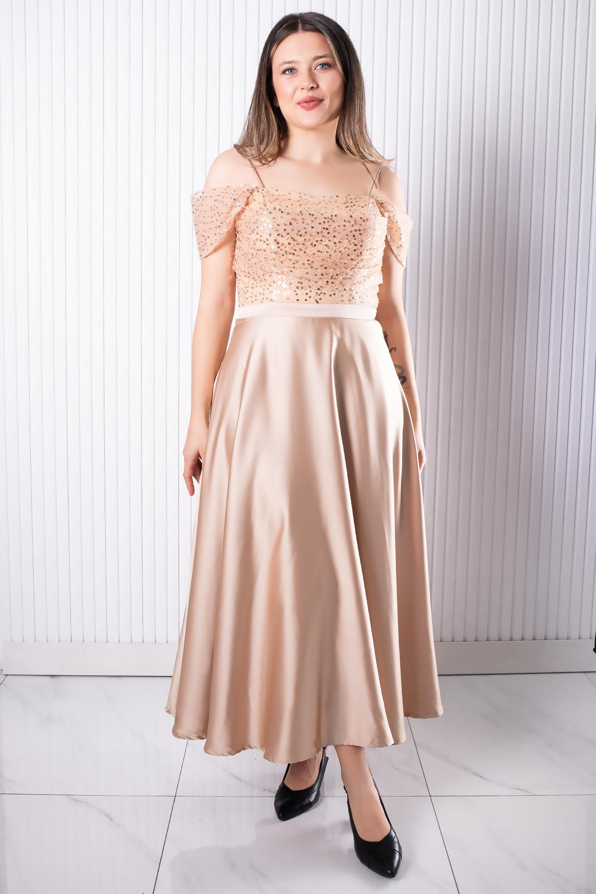 Asklı Pul Payetli Saten Abiye Elbise Gold MDV386