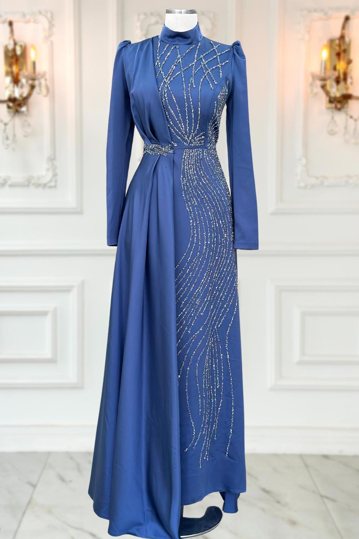 Robe De Soirée Brodée De Pierres En Satin Indigo AMH1022