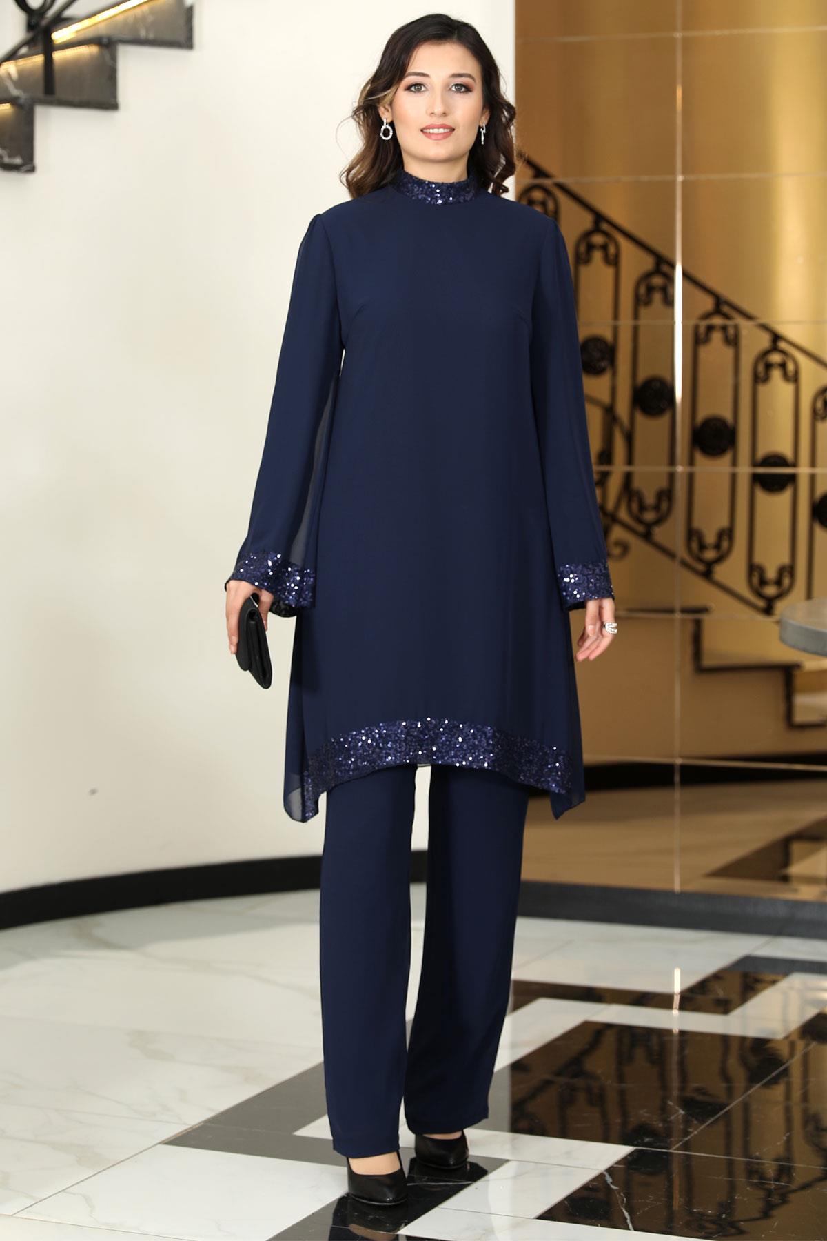 Tailleur Pantalon Tunique En Mousseline de Soie Bleu Marine ELB68