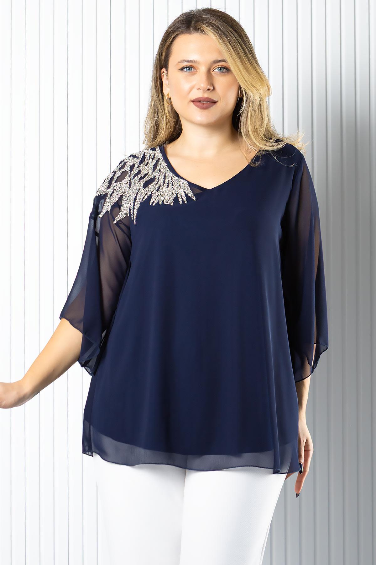 Tek Omuz İşlemeli Şifon Bluz 