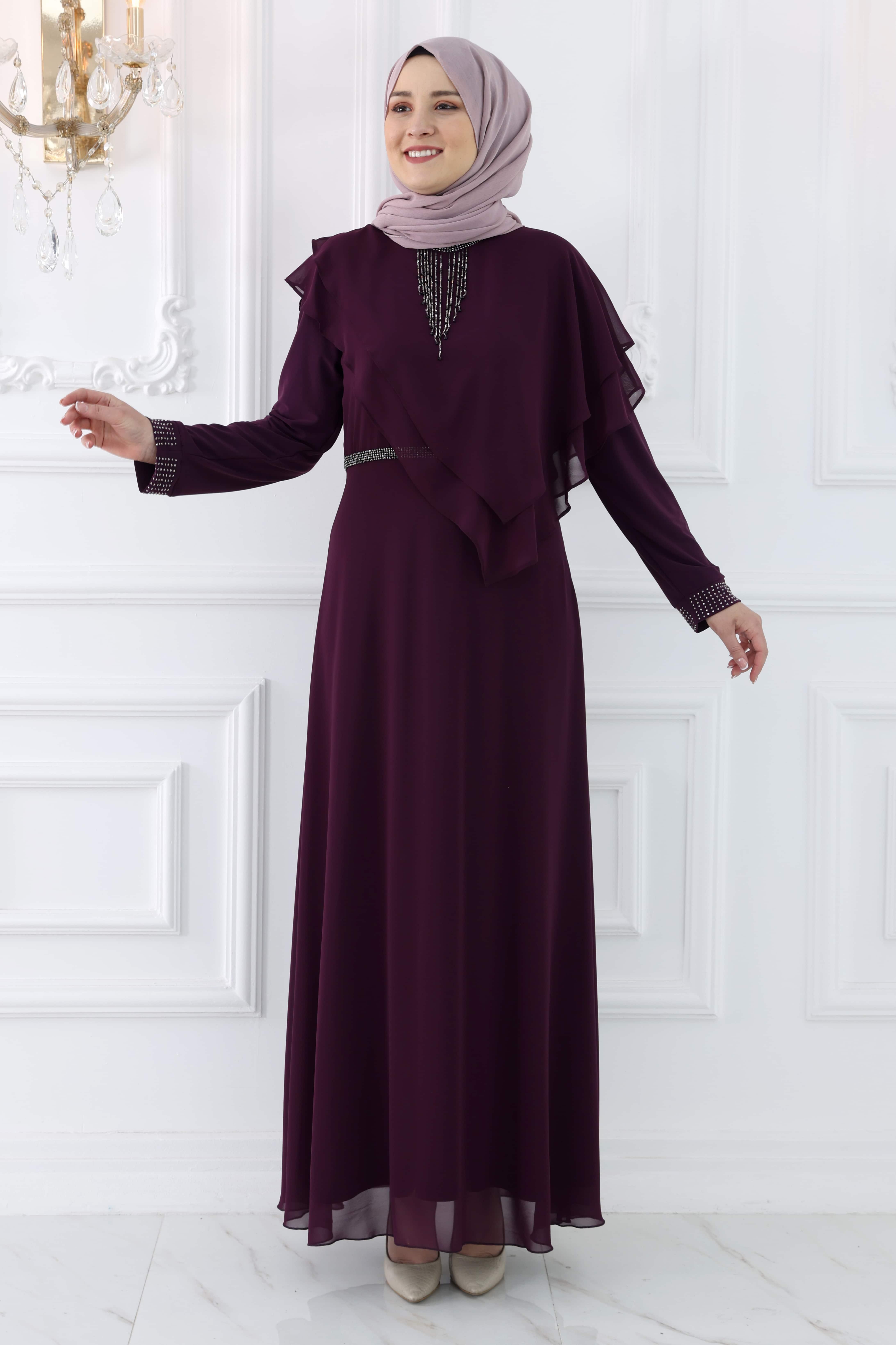 Stone Print Detailed Chiffon Evening Dress Plum AMH976