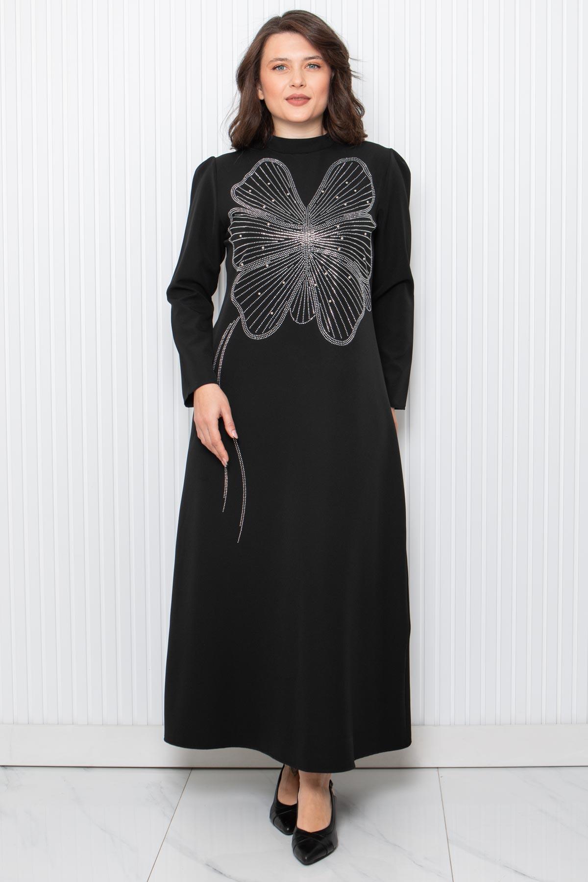 Taş Baskı Detaylı Abiye Siyah FHM948