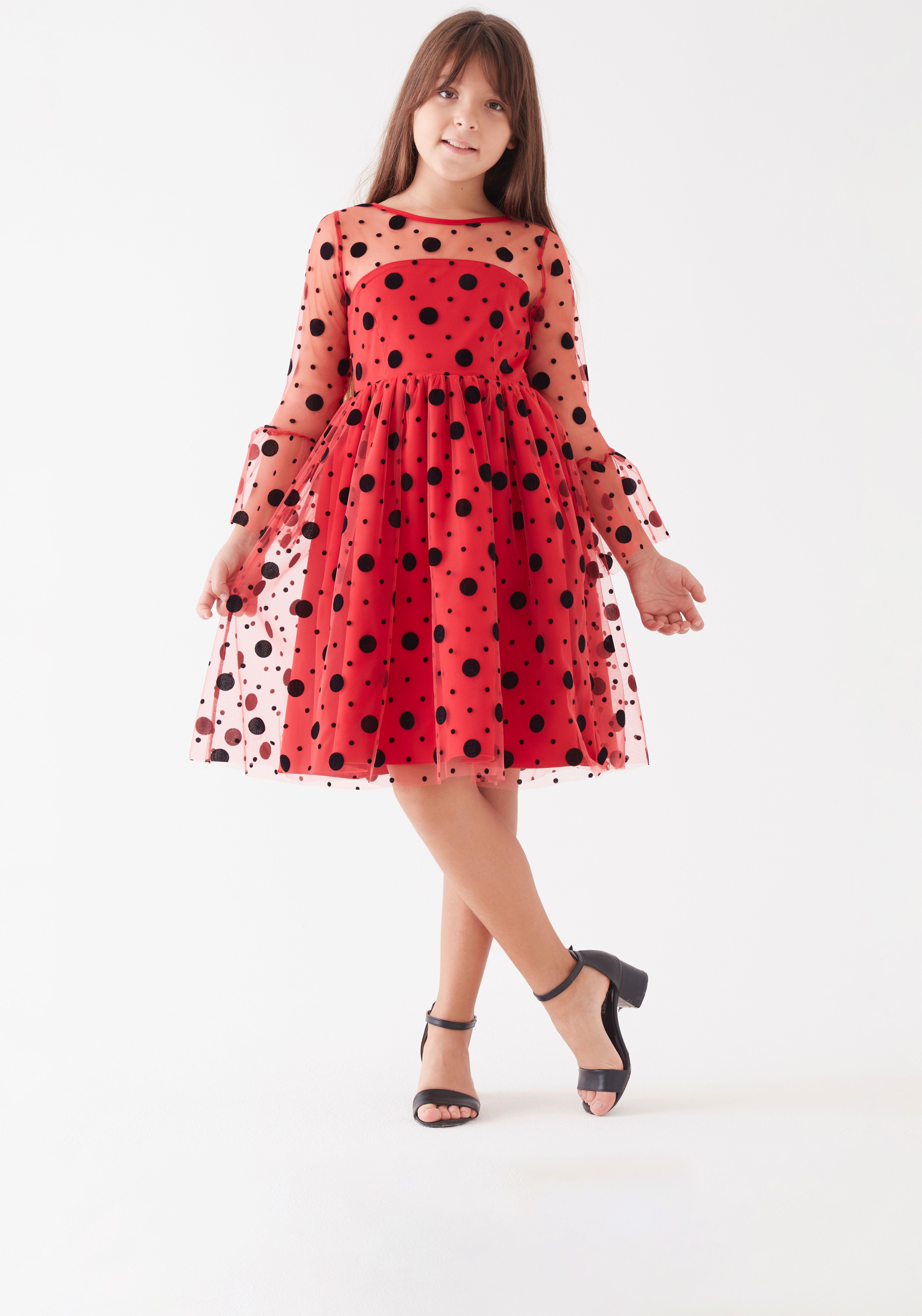 Kız Çocuk Puantiyeli Tüllü Elbise Kırmızı KVC886