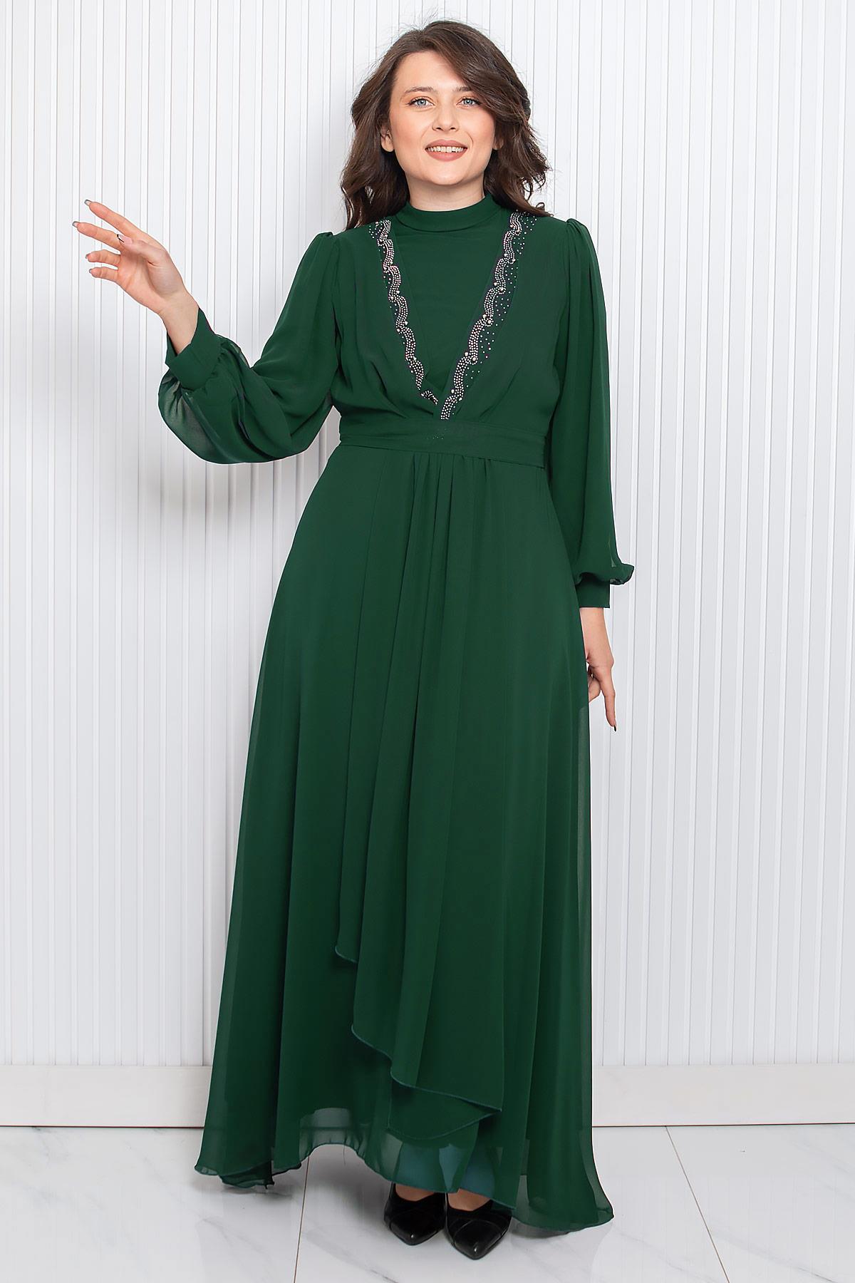 Stone Print Detailed Chiffon Evening Dress Emerald FHM950
