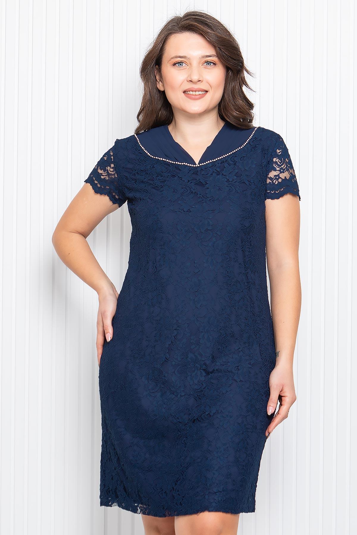 Stone Embroidered Lace Fabric Evening Dress Navy blue MDA3091