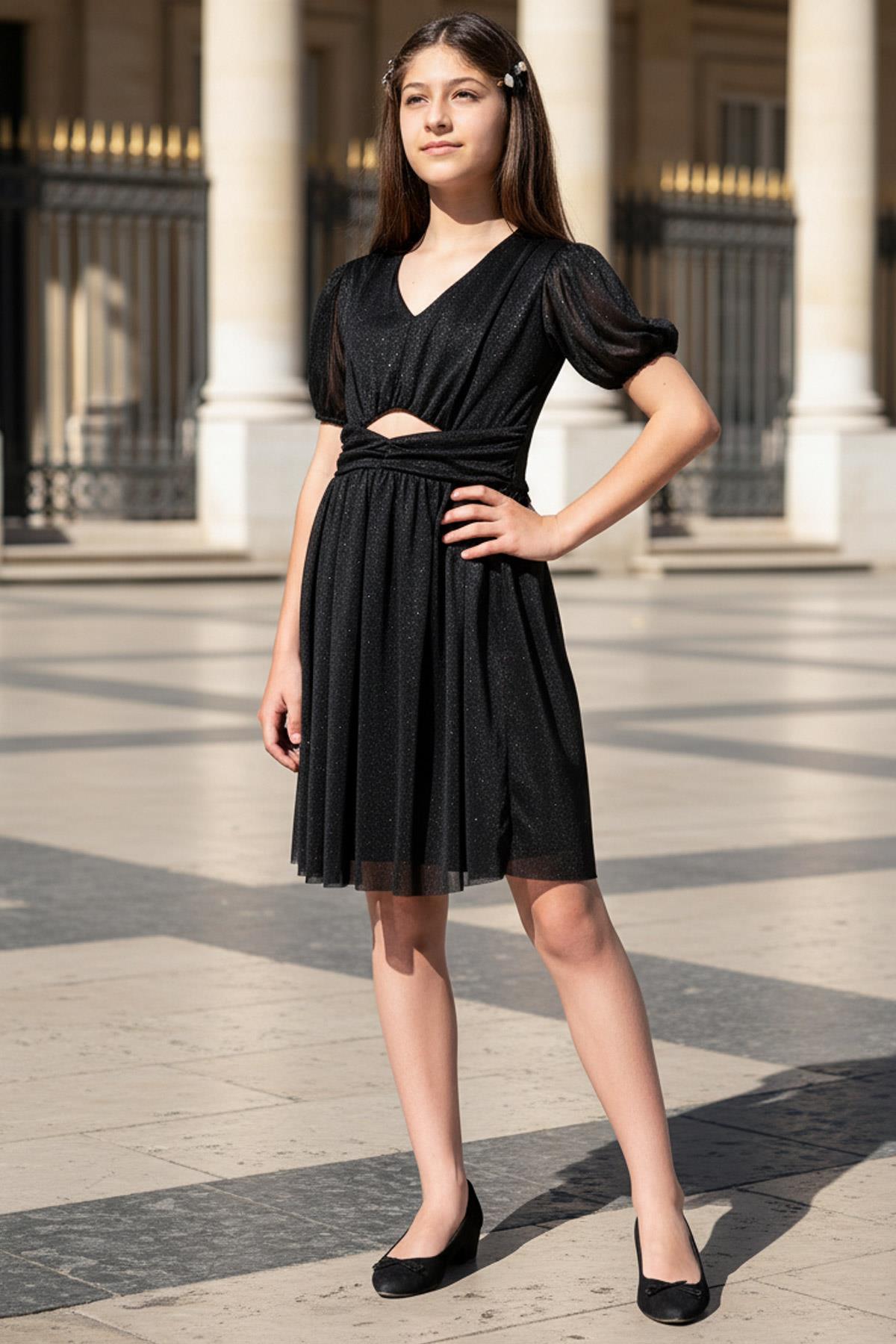 Robe de Soirée en Tulle Argenté à Manches Ballon Noir MDV936 