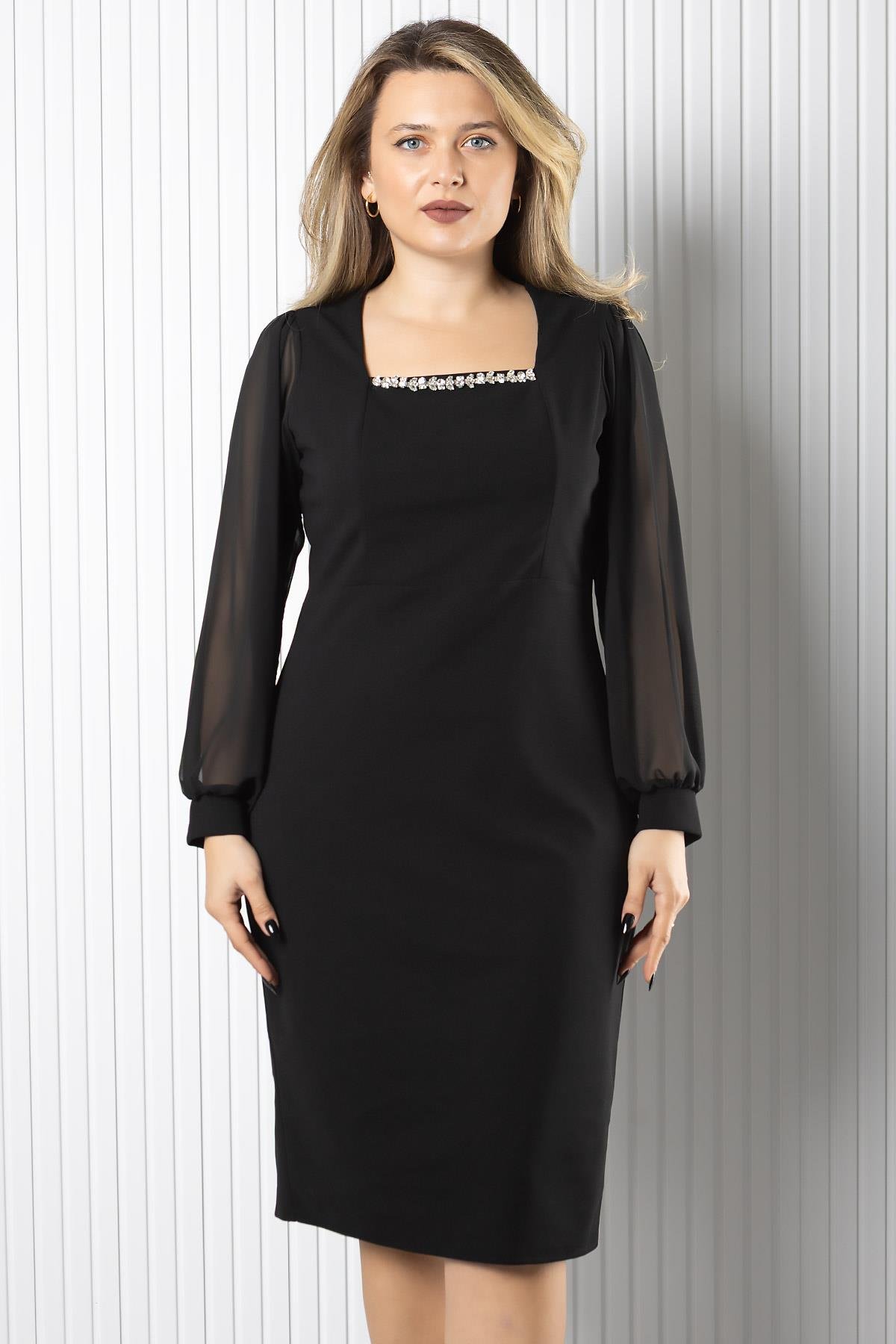 Kare Yaka Zarif Elbise  Siyah MDV982