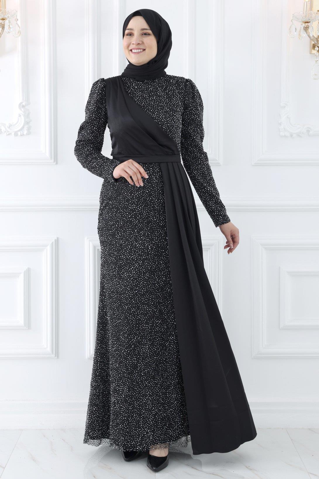 Stone Print Detailed Evening Dress Black AMH982