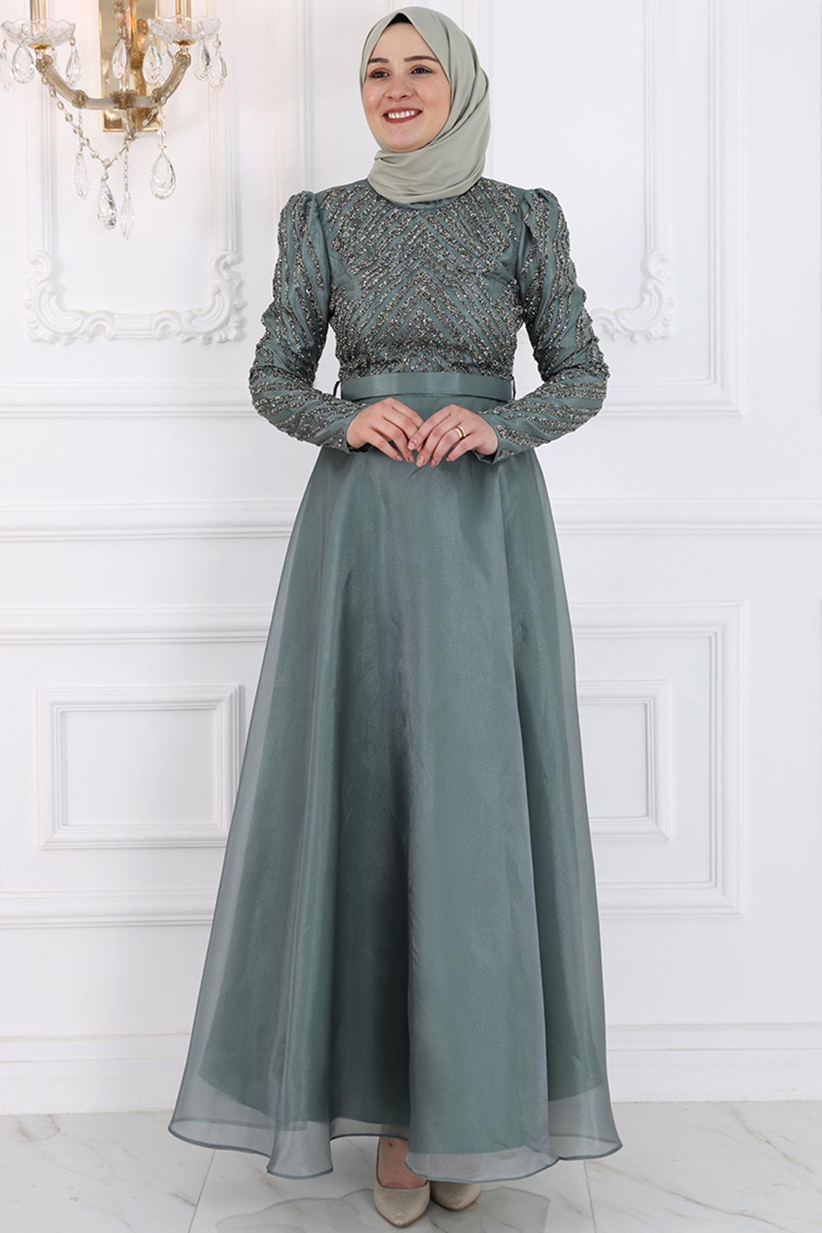 Stone Print Detailed Chiffon Evening Dress Age Green AMH966
