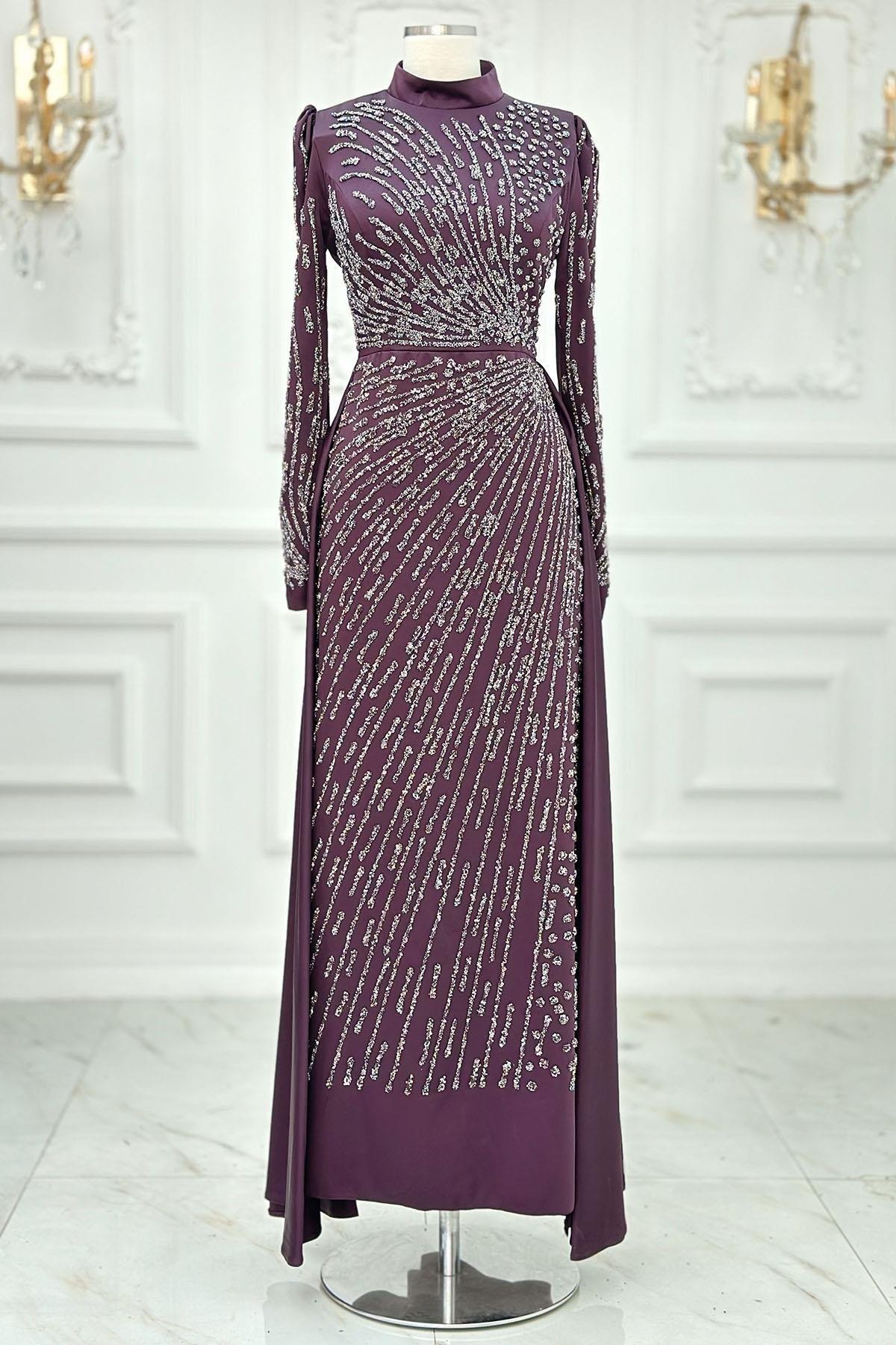 Stone Print Detailed Evening Dress Plum AMH1006