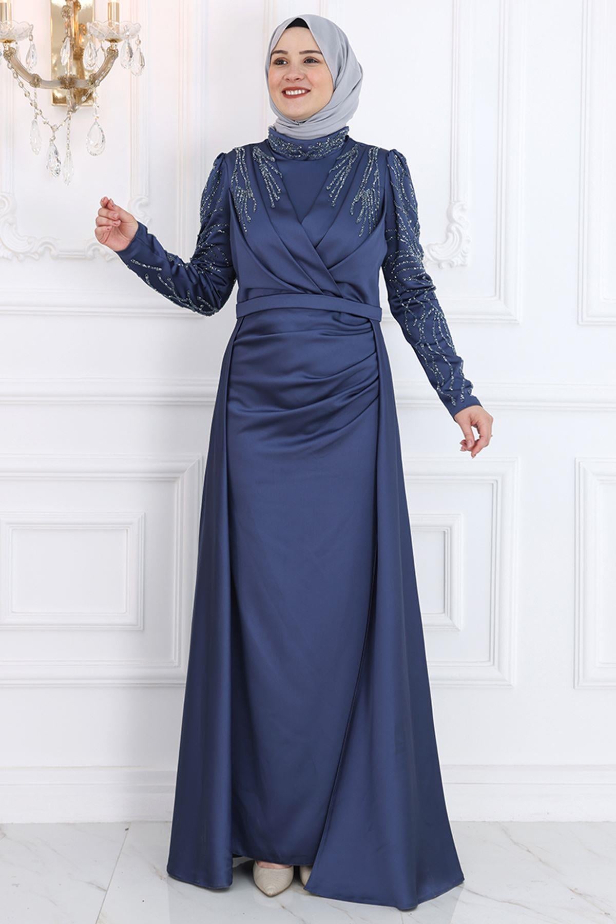 Stone Print Detailed Chiffon Evening Dress Indigo AMH994