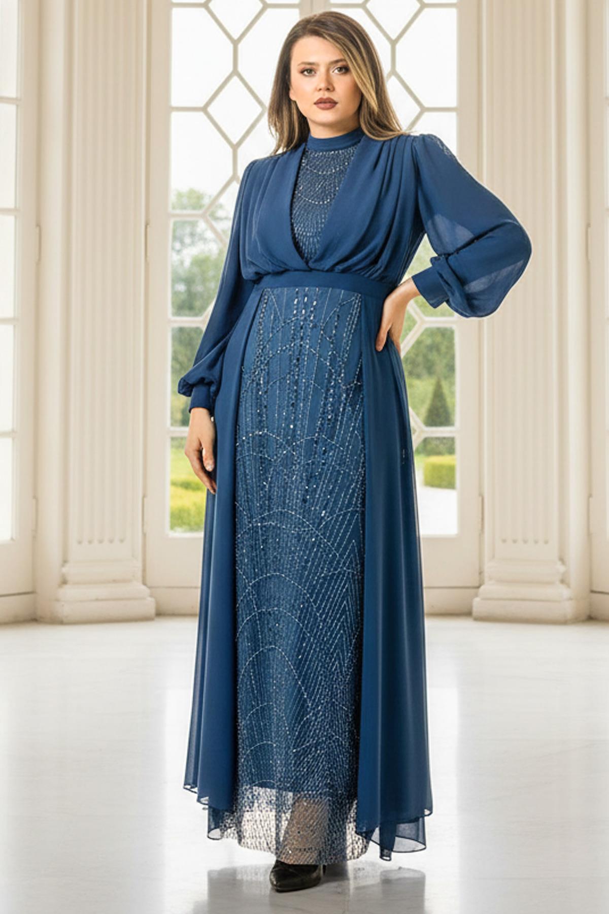 Robe de Soirée en Mousseline avec Détails Brodés, Indigo FHM954
