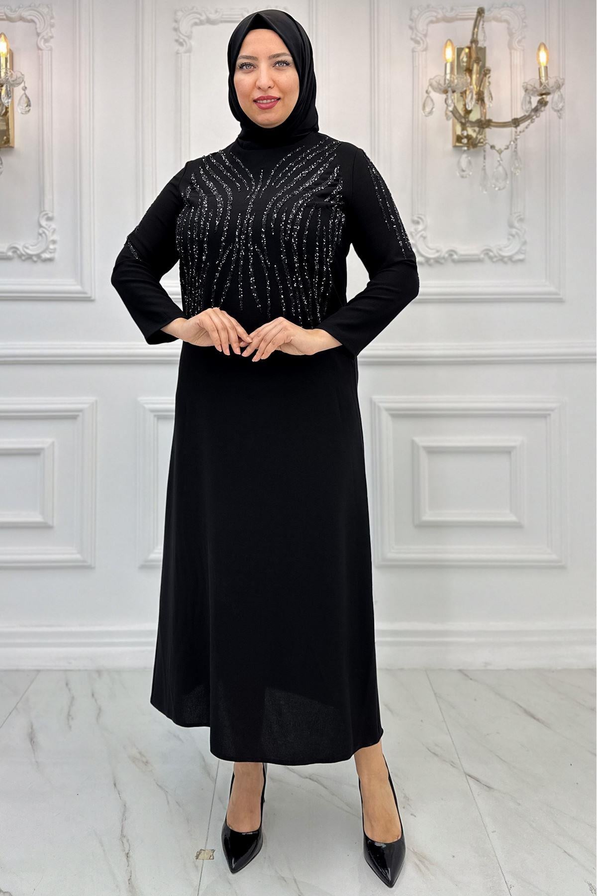 Stone Print Detailed Evening Dress Black AMH964