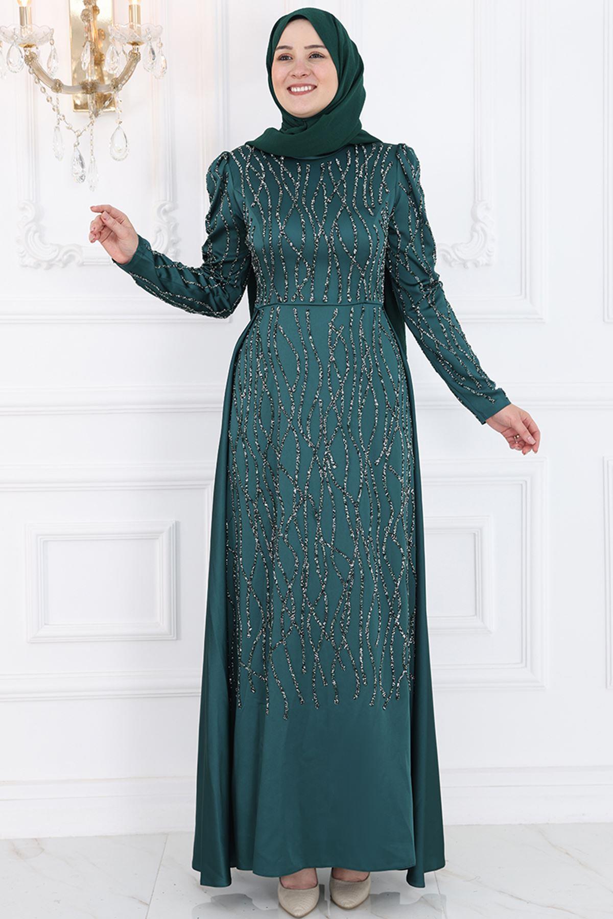 Stone Print Detailed Chiffon Evening Dress Emerald AMH986
