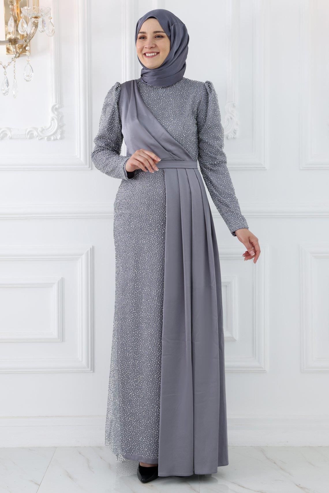 Ecmel Abiye Elbise Gri AMH982