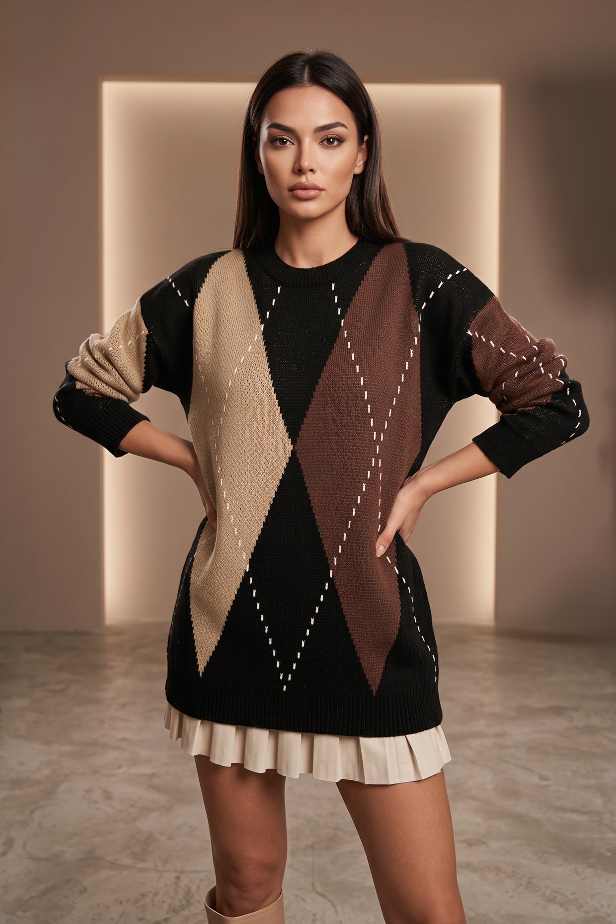 Yumoş Dokulu Baklava Desenli Salaş Tunik Kazak Siyah FHM2601