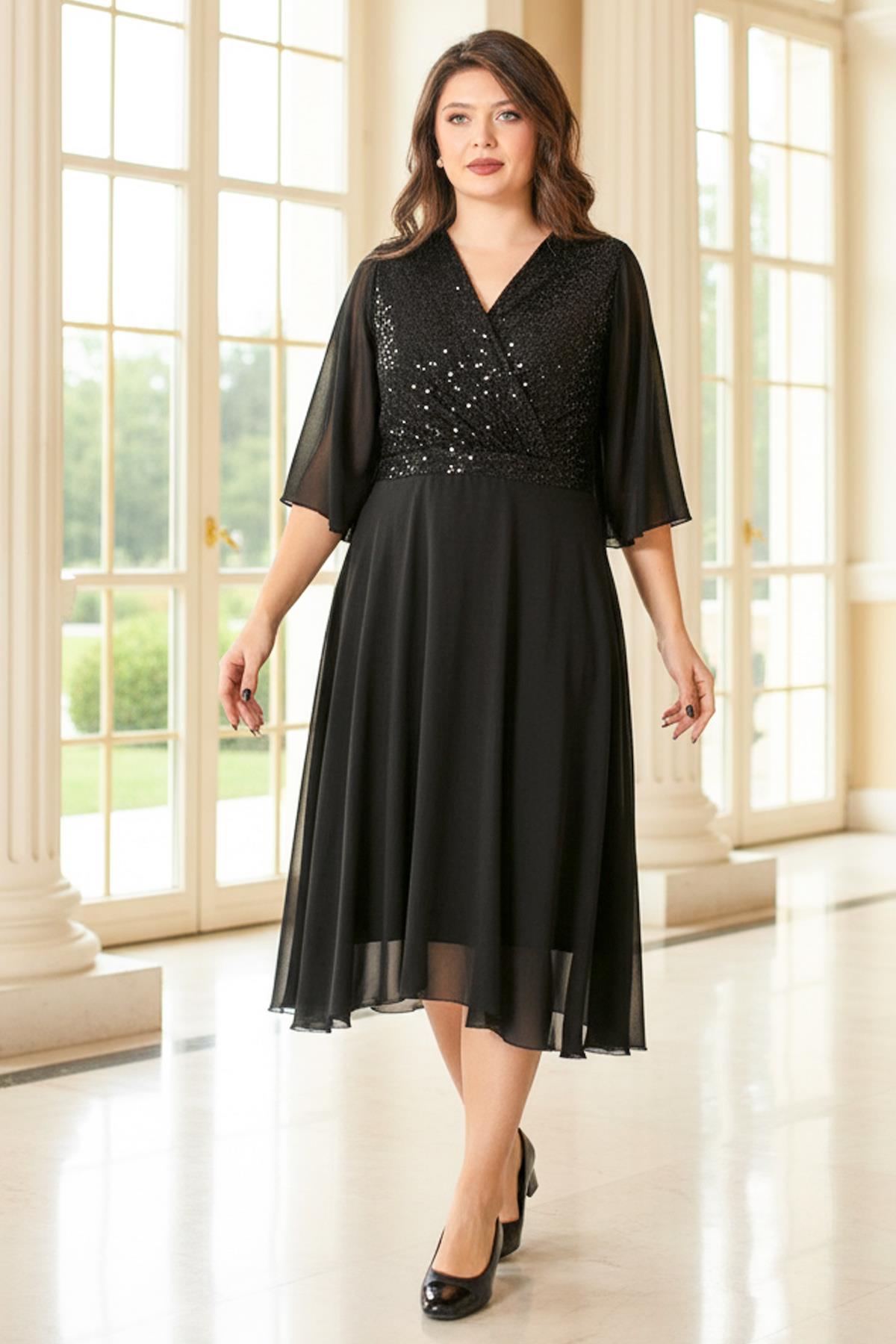 Abendkleid mit Pailletten und Details in Schwarz FHM910