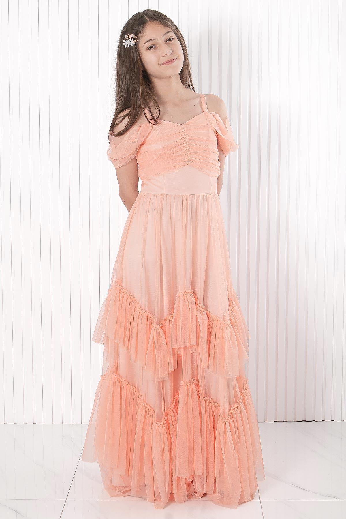 Shoulder Detailed Tulle Evening Dresses Salmon MDV930