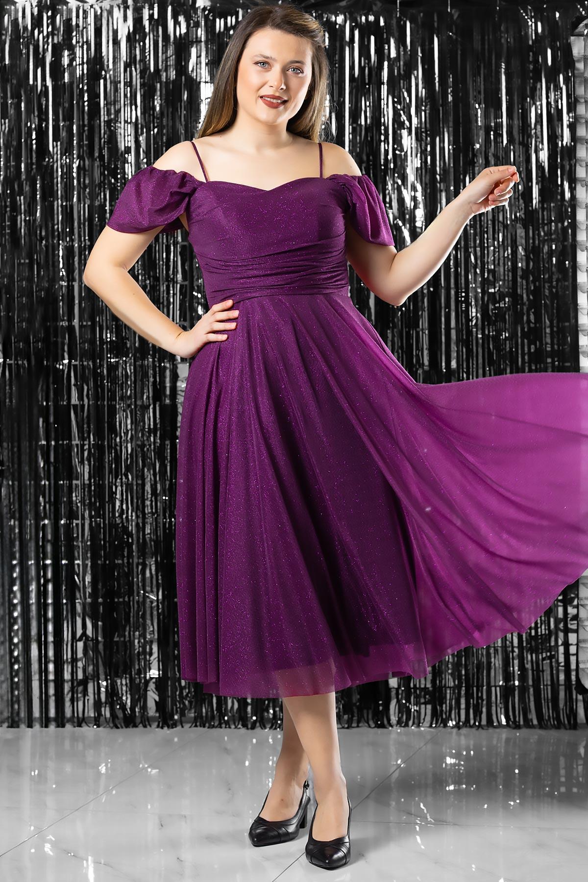 Askılı Simli Abiye Elbise Mürdüm MDV376