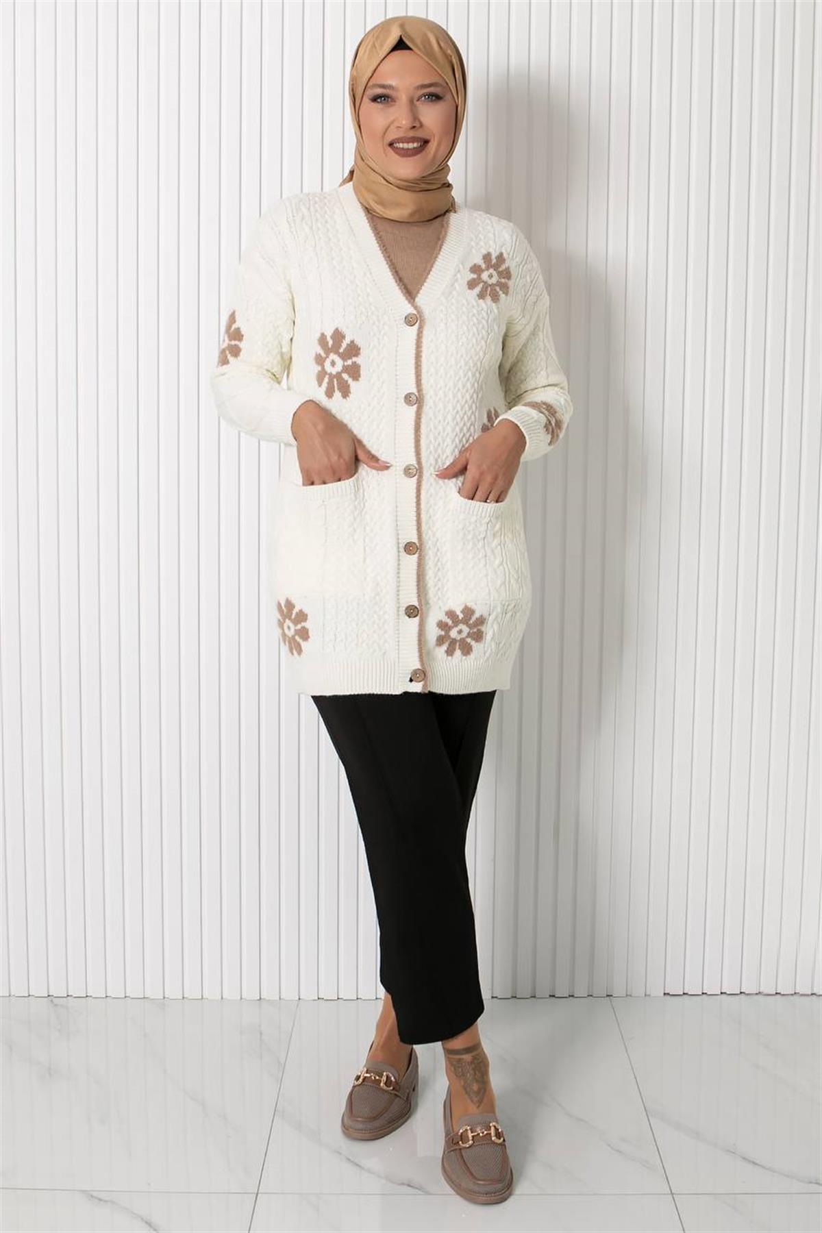 ÇİÇEK DESENLİ TRİKO HIRKA34014-EKRUFahima Elite