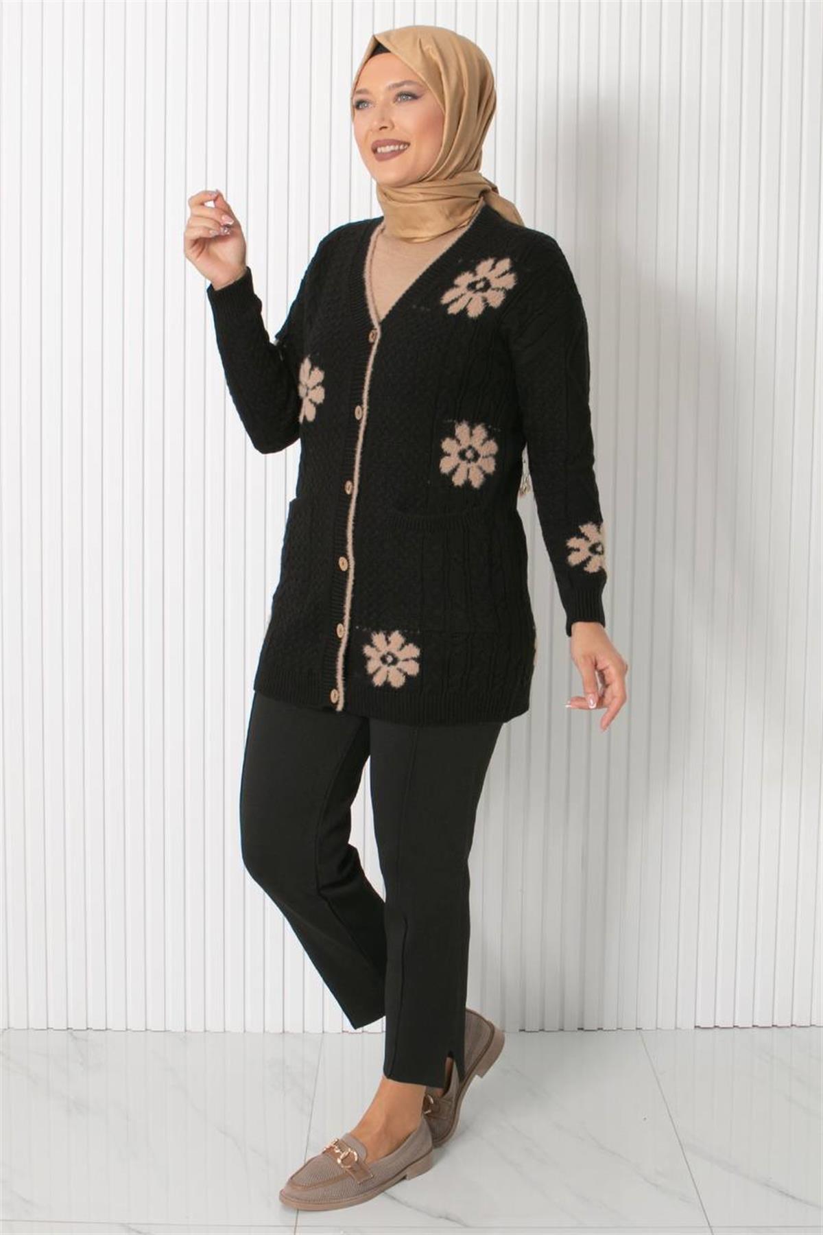 ÇİÇEK DESENLİ TRİKO HIRKA34014-SİYAHFahima Elite