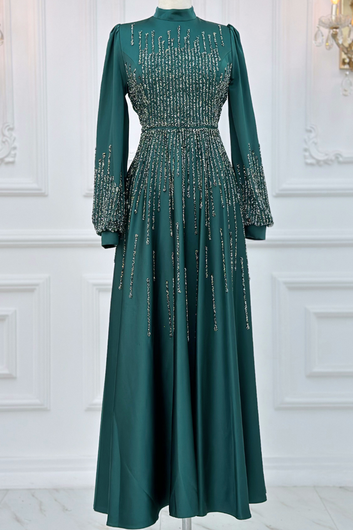Stone Print Detailed Evening Dress Emerald AMH1002