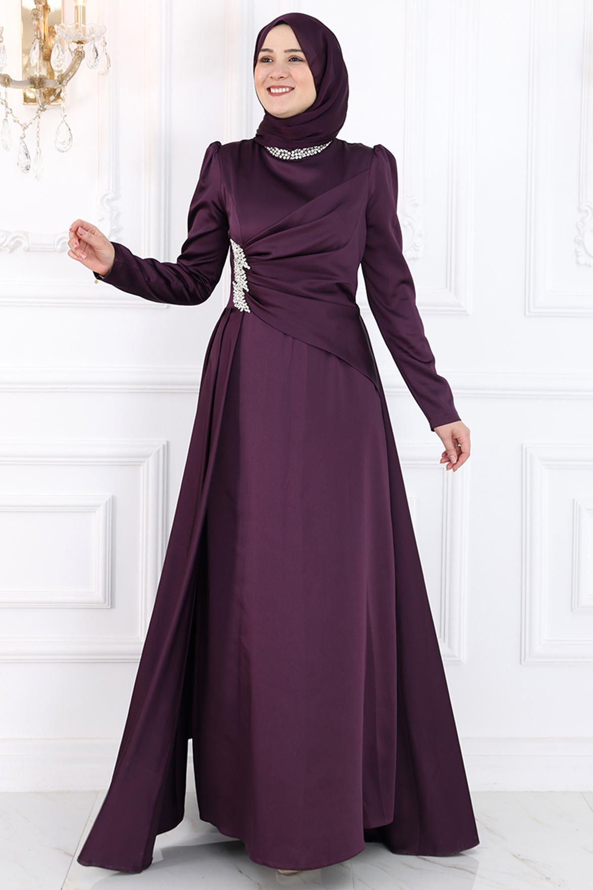 Detailliertes Chiffon-Abendkleid mit Steindruck Pflaume AMH988
