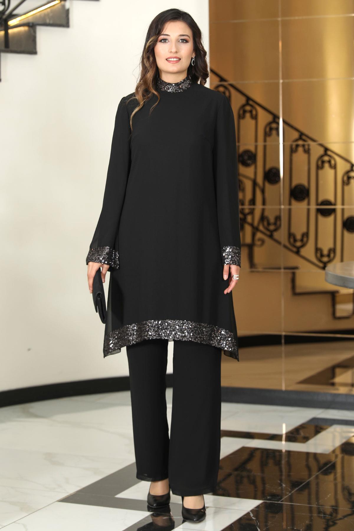 Tailleur Pantalon Tunique En Mousseline de Soie Noire ELB68