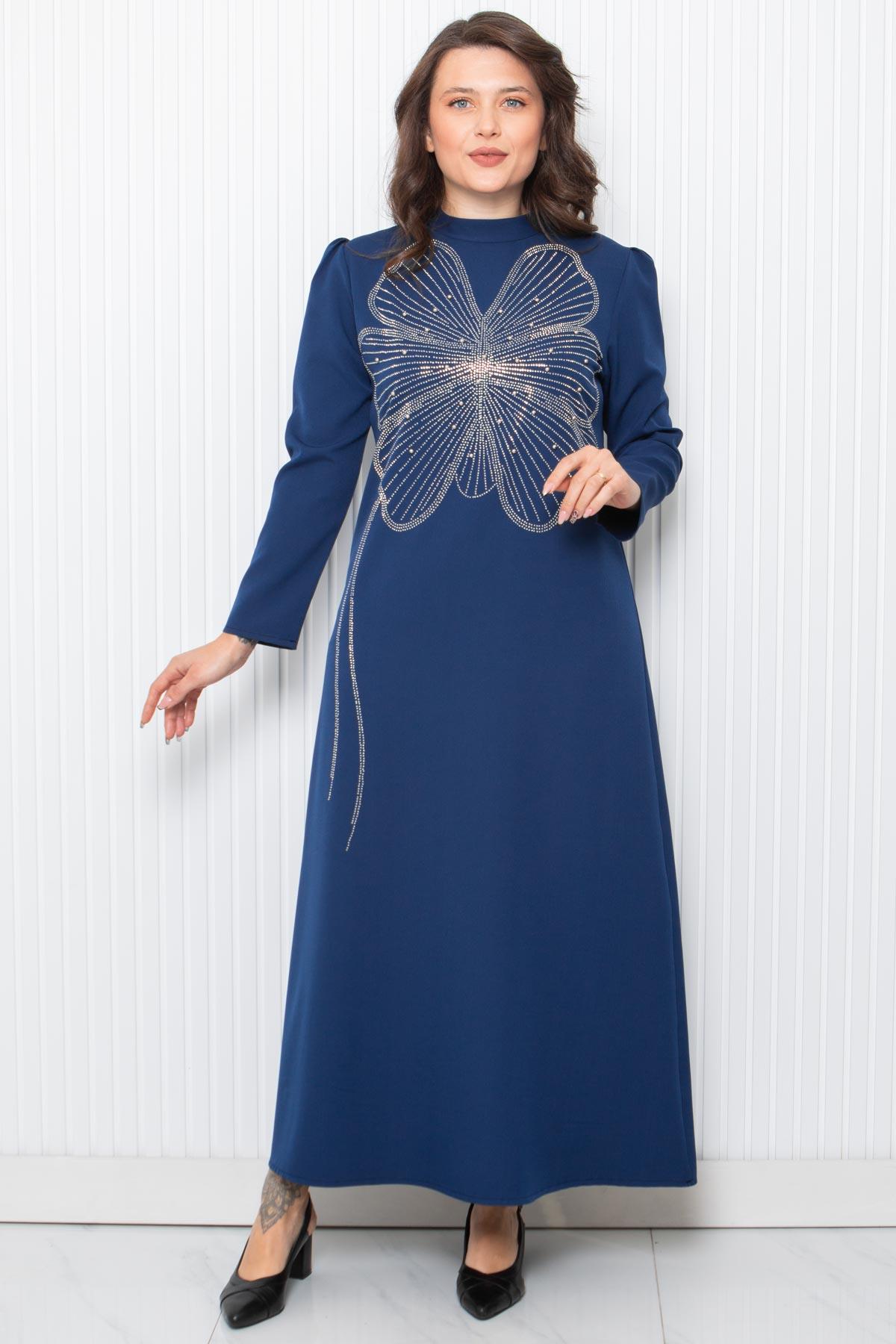 Stone Print Detailed Evening Dress Navy Blue FHM948