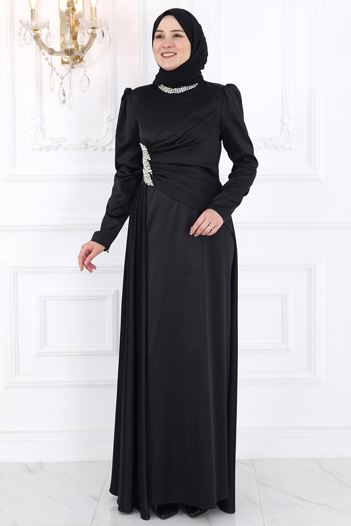 Stone Print Detailed Chiffon Evening Dress Black AMH988