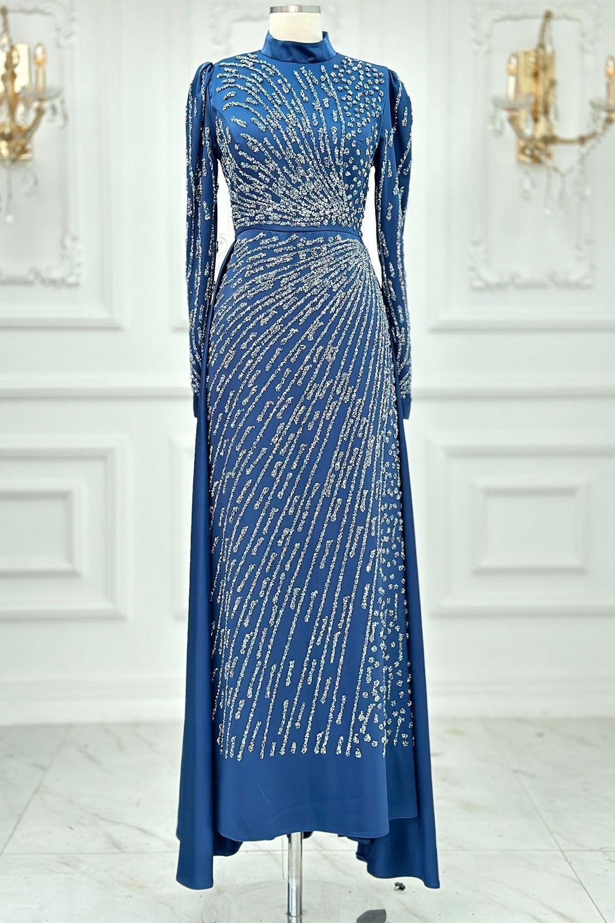 Stone Print Detailed Evening Dress Indigo AMH1006