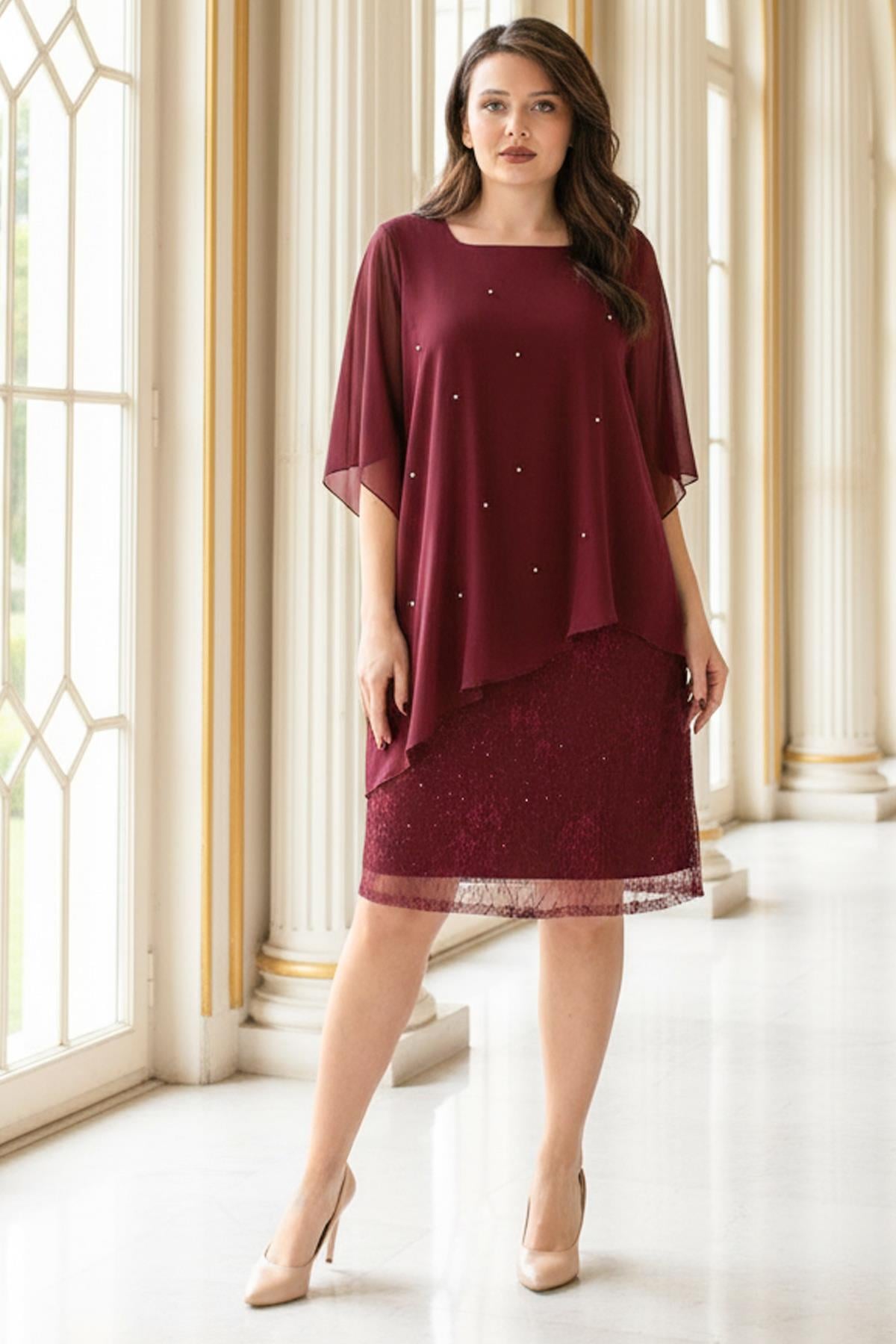 Perlen-Chiffon-Abendkleid Burgund FHM908