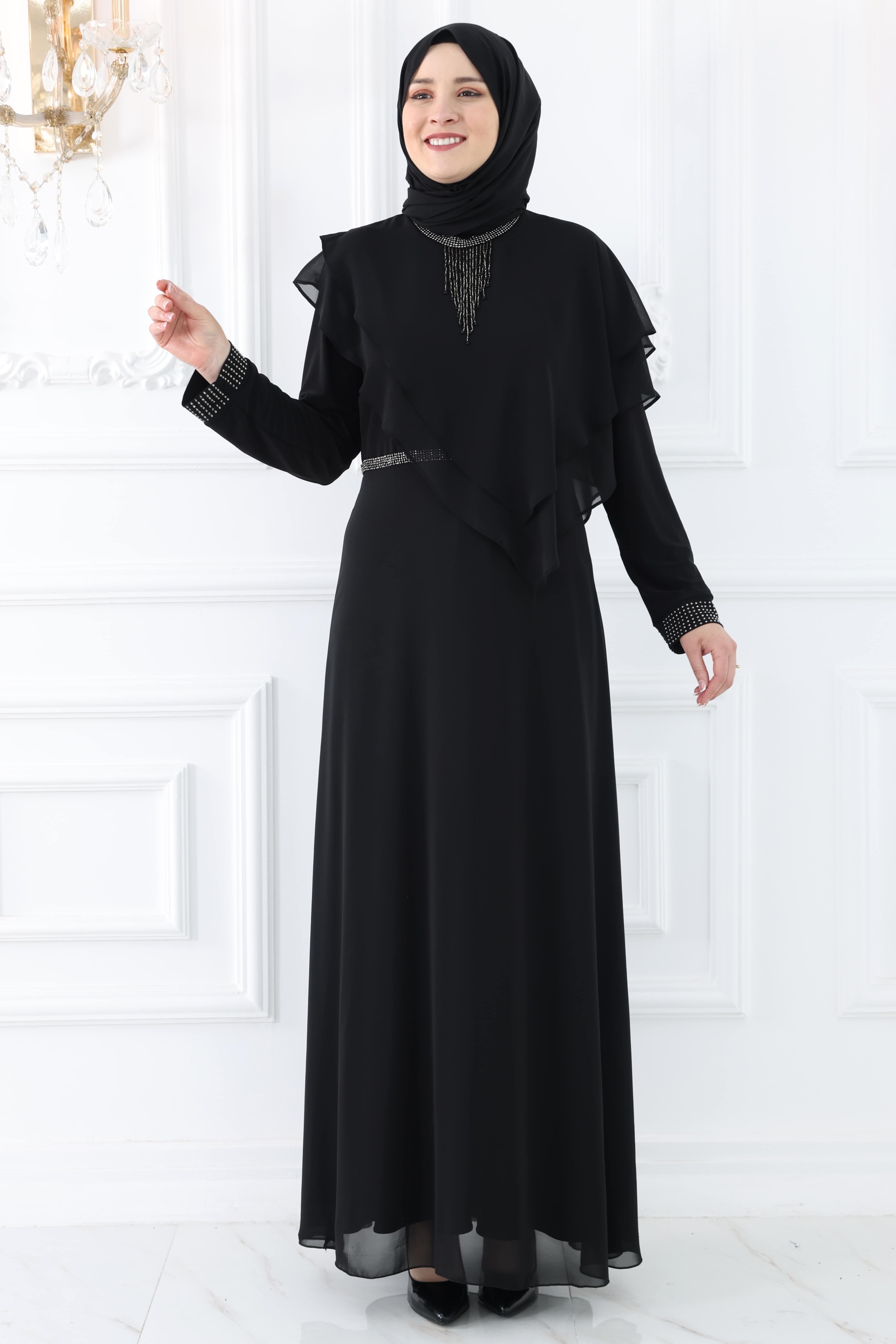 Robe De Soirée En Mousseline De Soie Noire AMH976