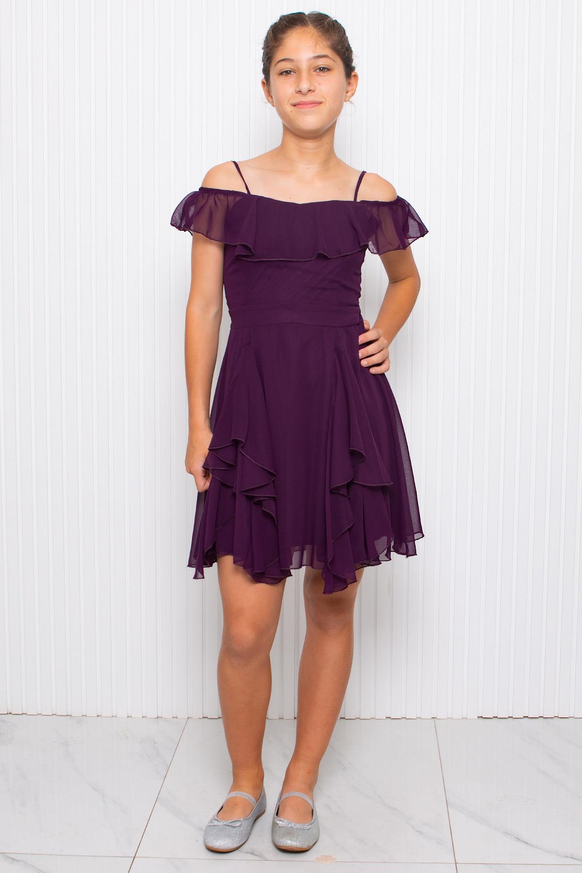 Askılı Şifon Çocuk Abiye Mor MDV356