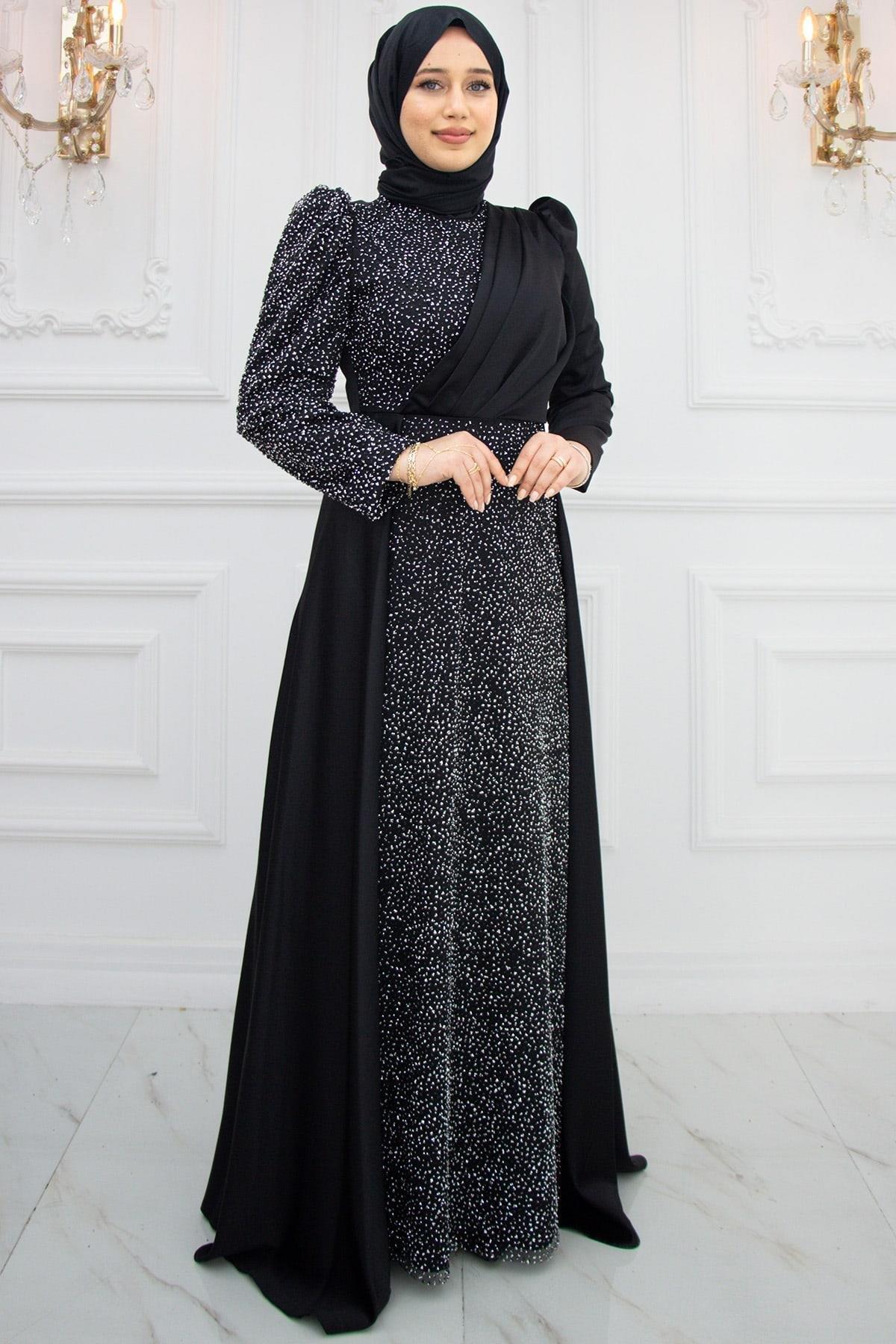 Stone Print Detailed Satin Evening Dress Black AMH972