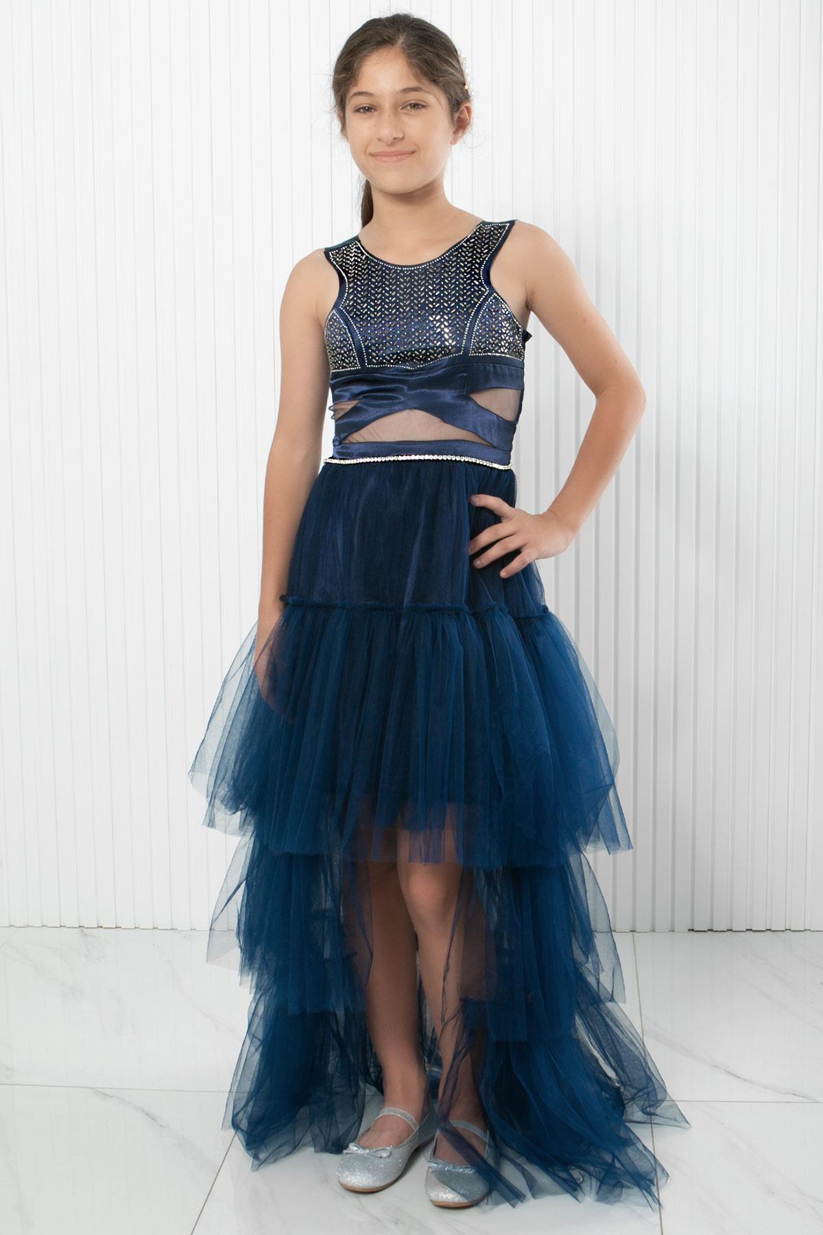 Steindruck Detail Tüll Abendkleid Navy Blau MDV340