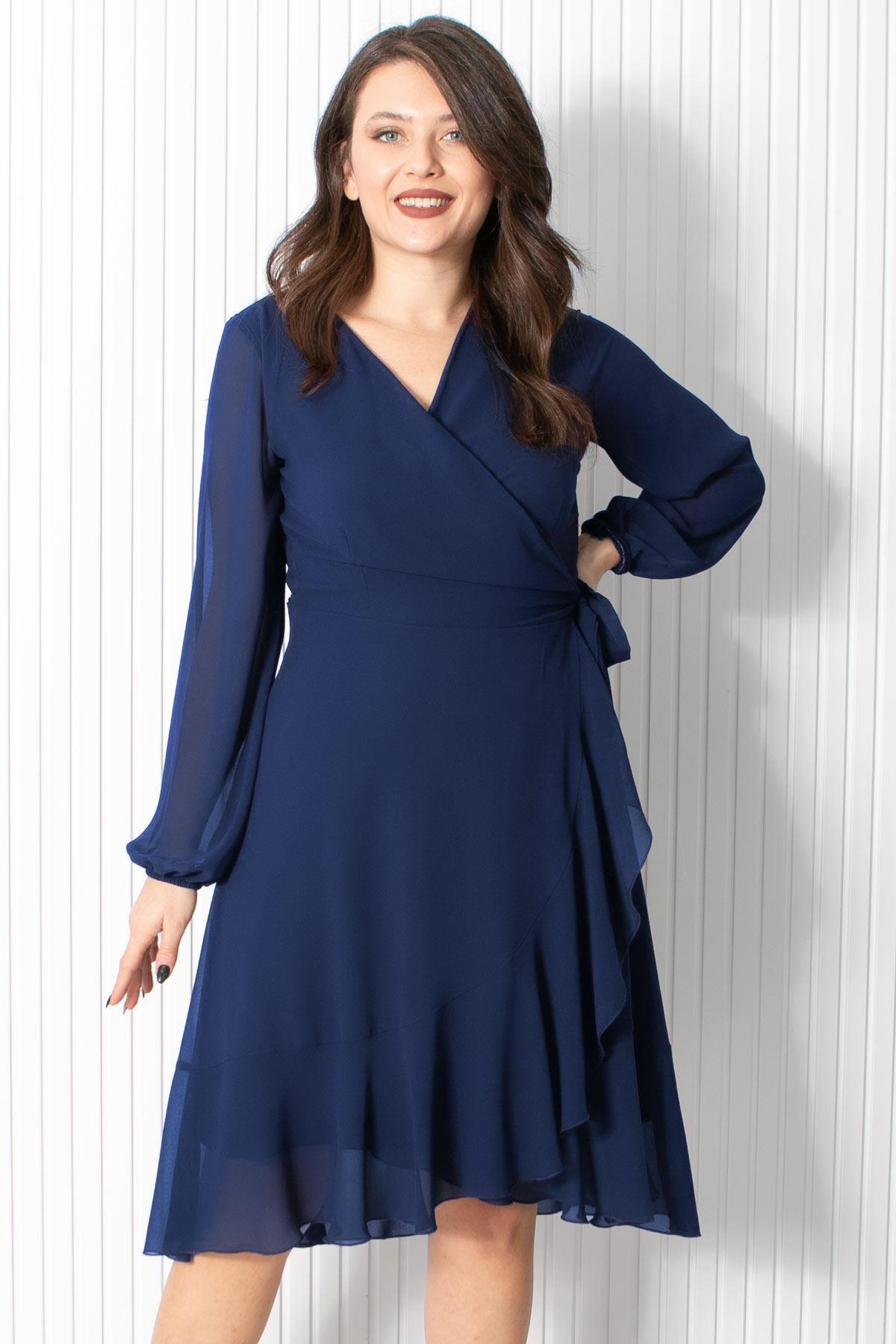 Fırfırlı Şifon Abiye Elbise Lacivert FHM914