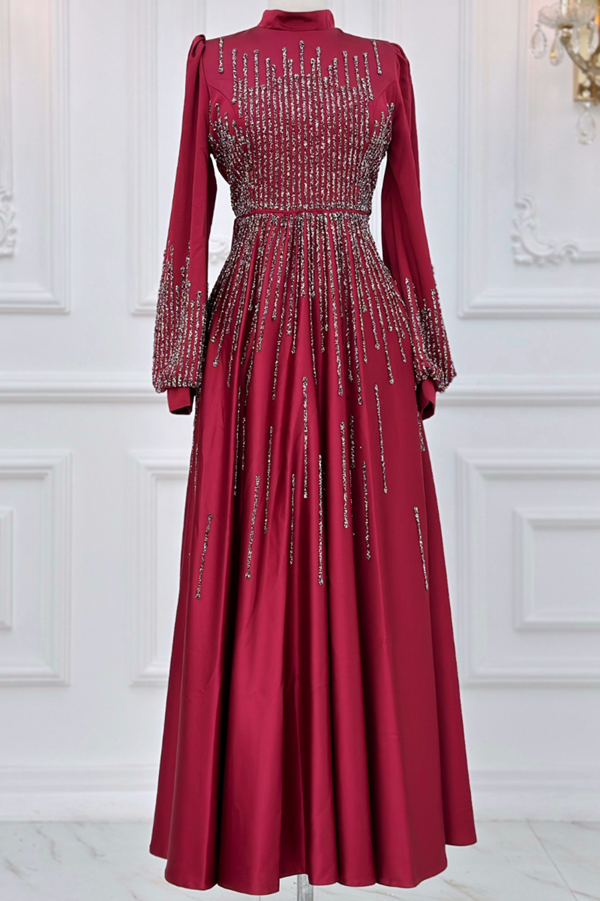 Stone Print Detailed Evening Dress Red AMH1002