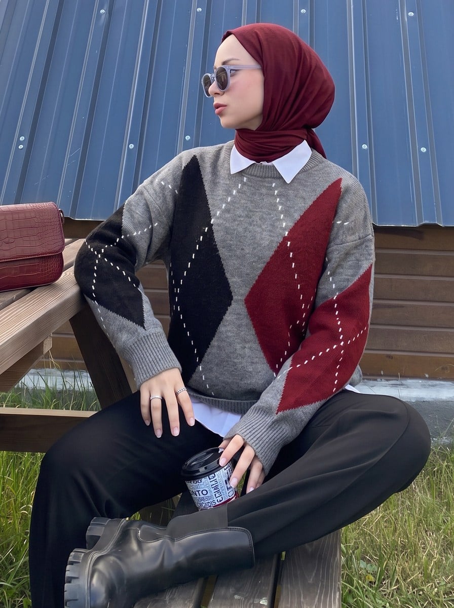 Yumoş Dokulu Baklava Desenli Salaş Tunik Kazak Gri FHM2601