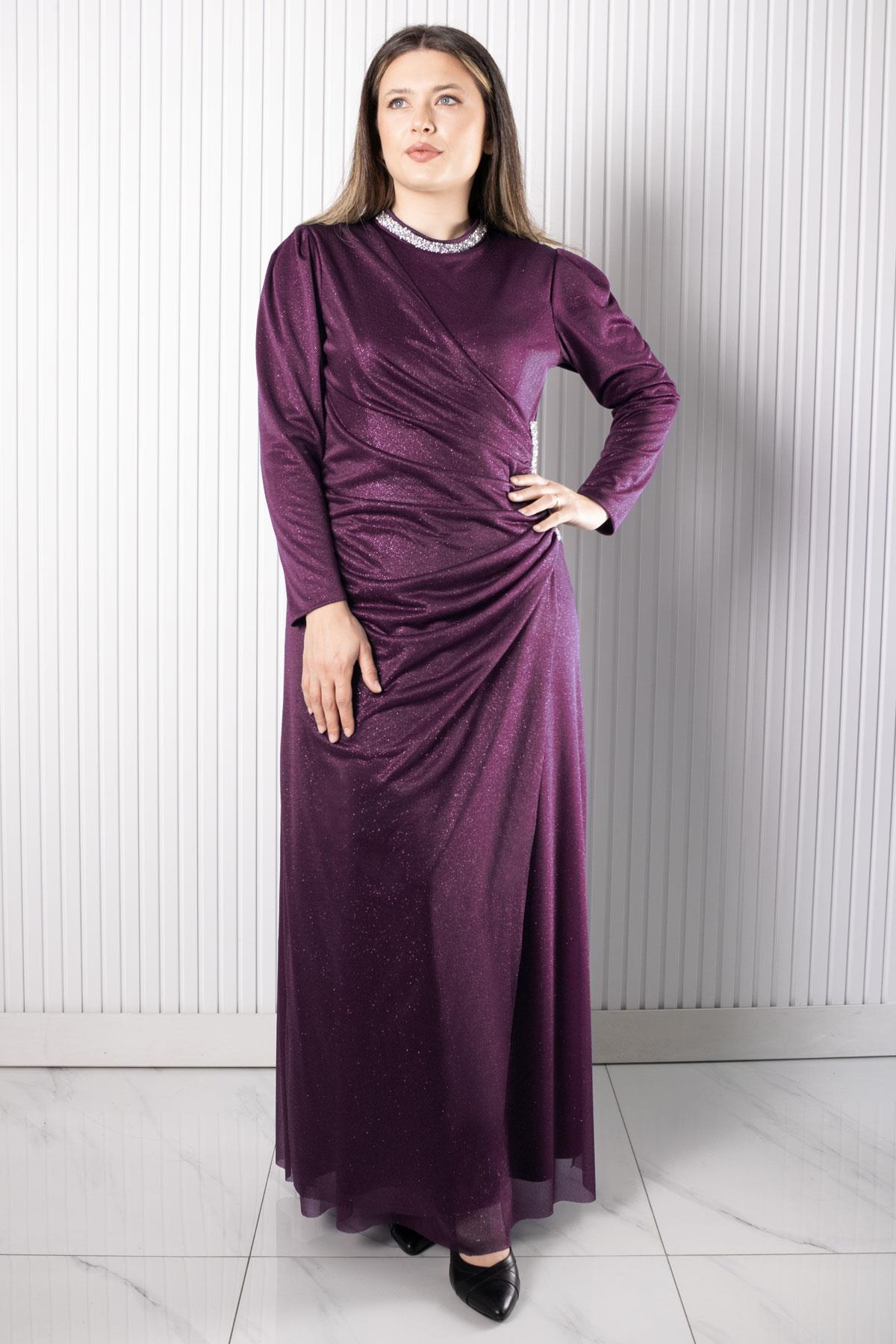 Taş Baskılı Simli Tül Abiye Elbise